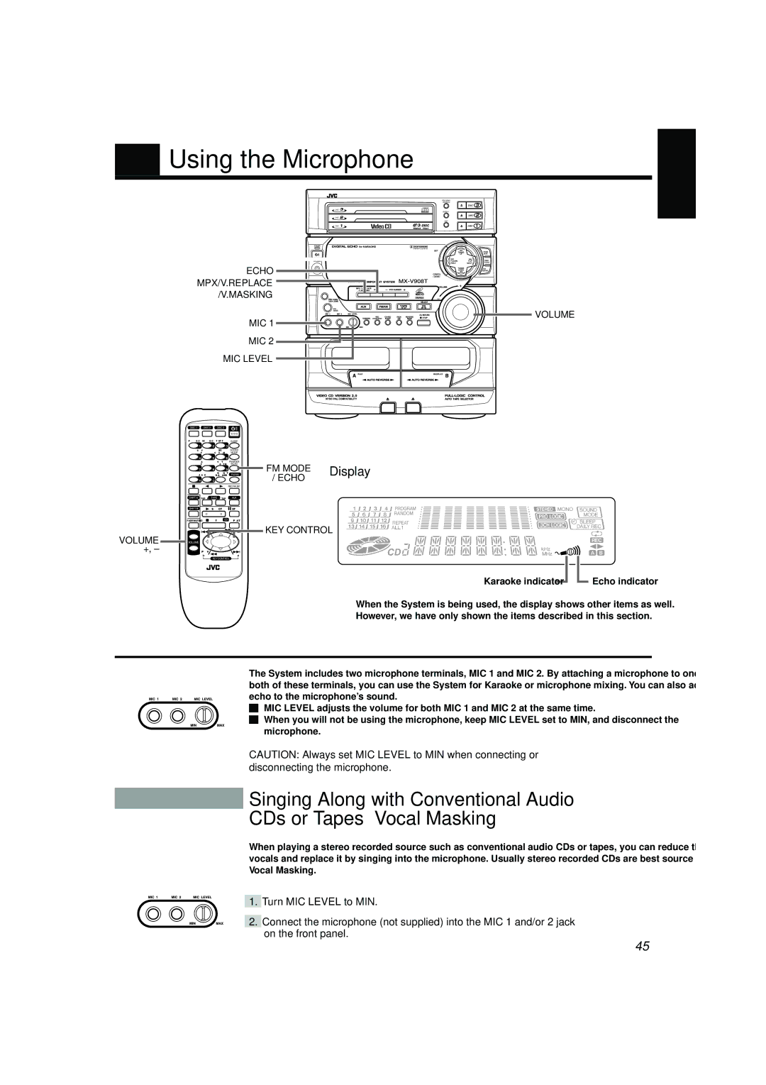 JVC CA-V688T, CA-V908T, CA-V608T, MX-V688T, MX-V608T, SP-V608, SP-V688 manual Using the Microphone 