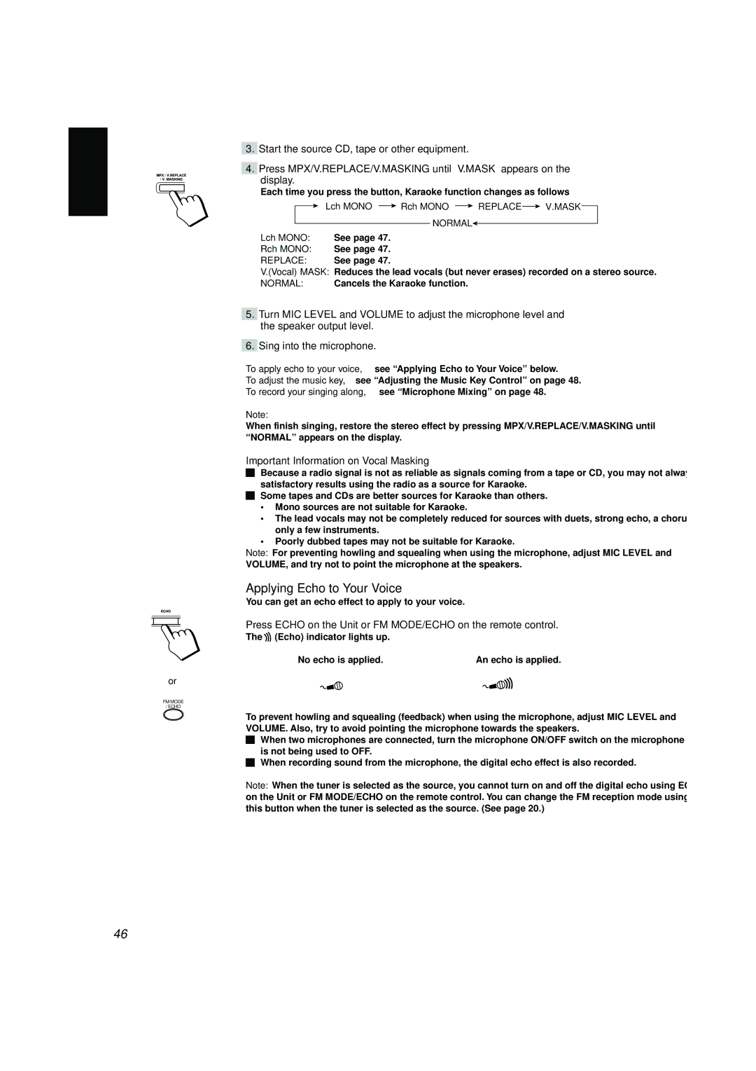 JVC CA-V908T, CA-V688T Applying Echo to Your Voice, Important Information on Vocal Masking, Lch Mono, Rch Mono, Replace 