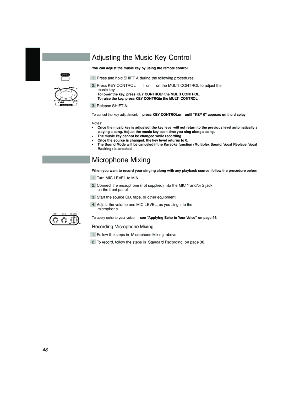 JVC MX-V688T, CA-V688T, CA-V908T, CA-V608T Adjusting the Music Key Control, Recording Microphone Mixing, Release Shift a 