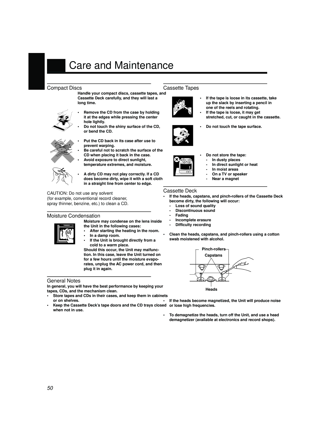 JVC SP-V608 manual Care and Maintenance, Compact Discs Cassette Tapes, Moisture Condensation, Cassette Deck, General Notes 