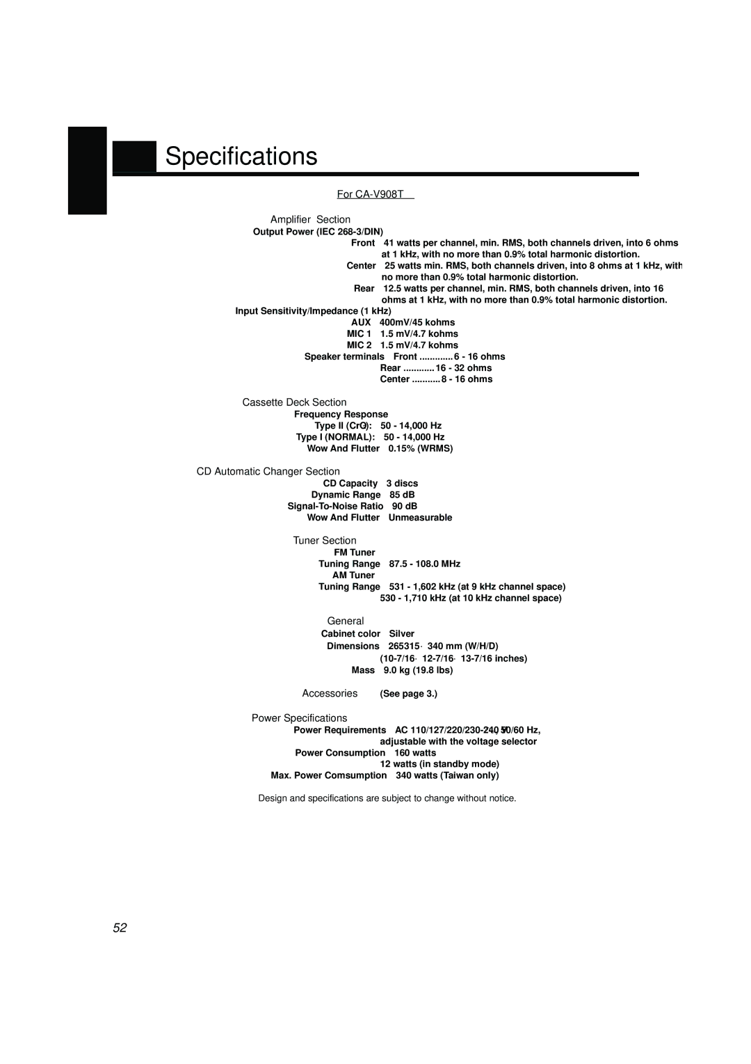 JVC CA-V688T, CA-V908T, CA-V608T, MX-V688T, MX-V608T, SP-V608, SP-V688 manual Specifications 