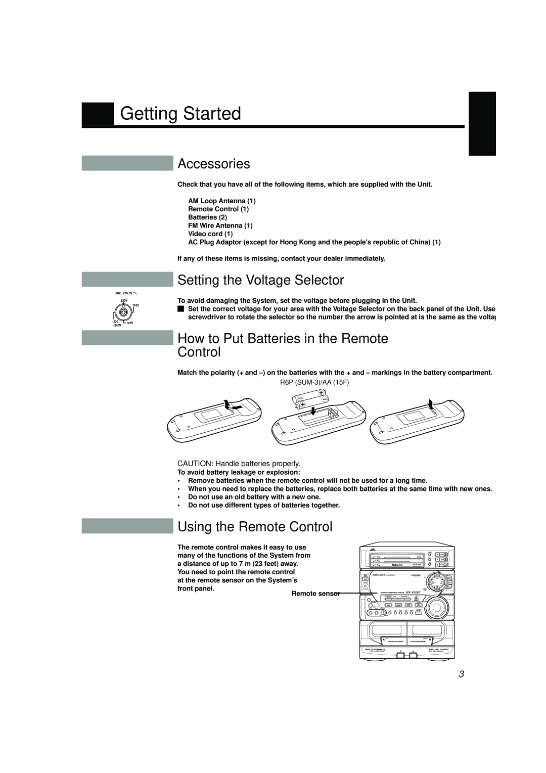 JVC CA-V688T manual Getting Started, Accessories, Setting the Voltage Selector, How to Put Batteries in the Remote Control 