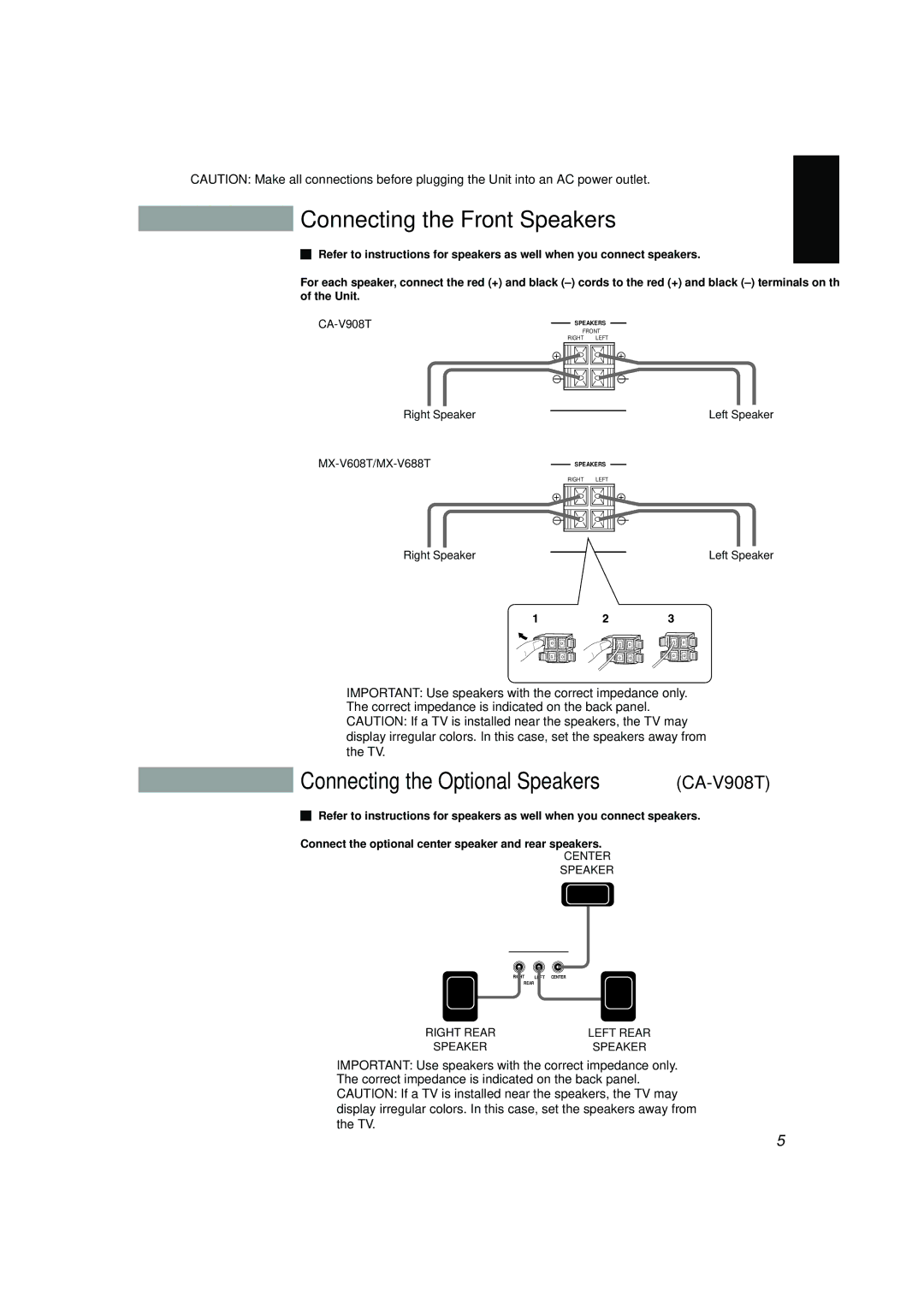 JVC CA-V608T, CA-V688T, MX-V688T Connecting the Front Speakers, Connecting the Optional Speakers CA-V908T, Center Speaker 