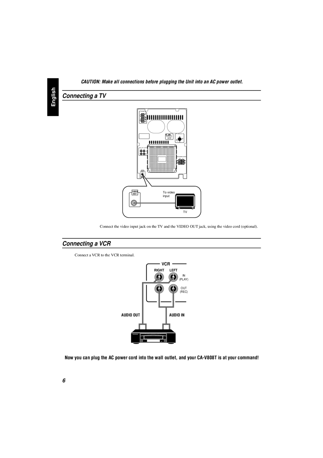 JVC CA-V808T manual Connecting a TV, Connecting a VCR 