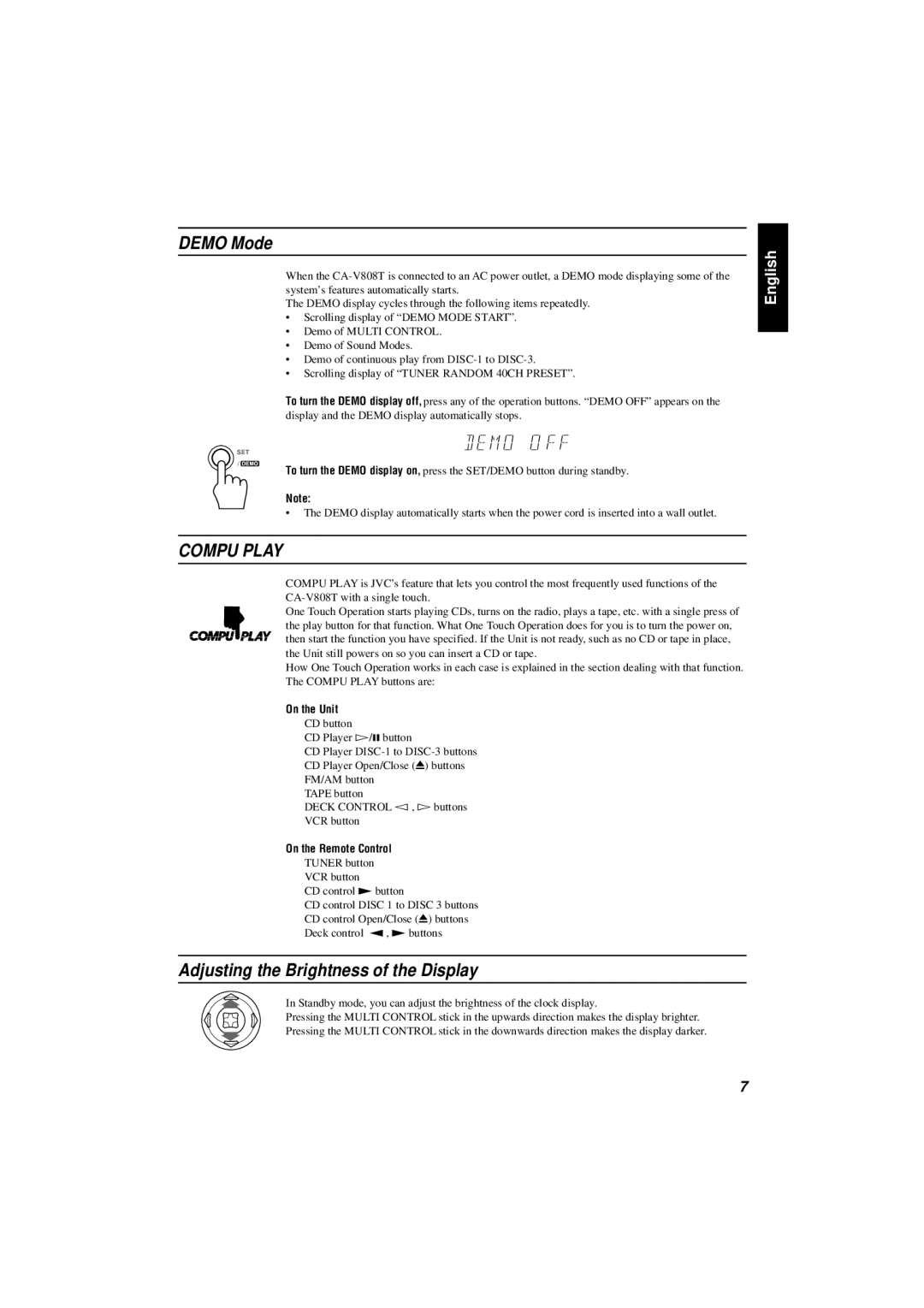 JVC CA-V808T manual Demo Mode, Adjusting the Brightness of the Display, On the Unit, On the Remote Control 