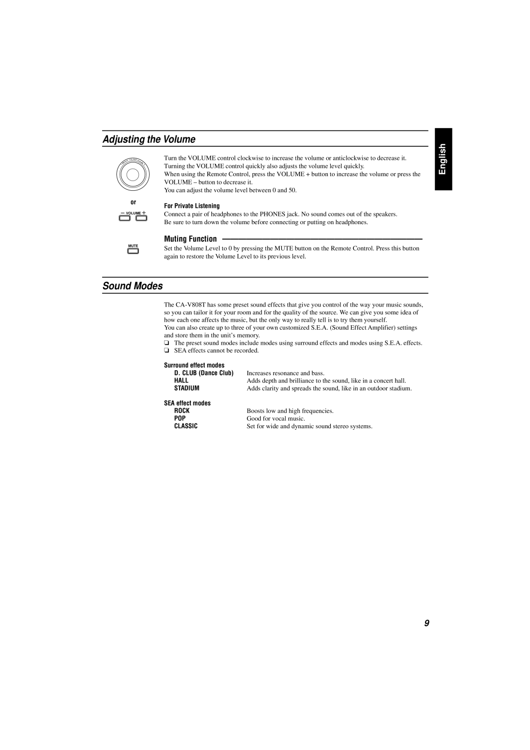 JVC CA-V808T manual Adjusting the Volume, Sound Modes, Muting Function 