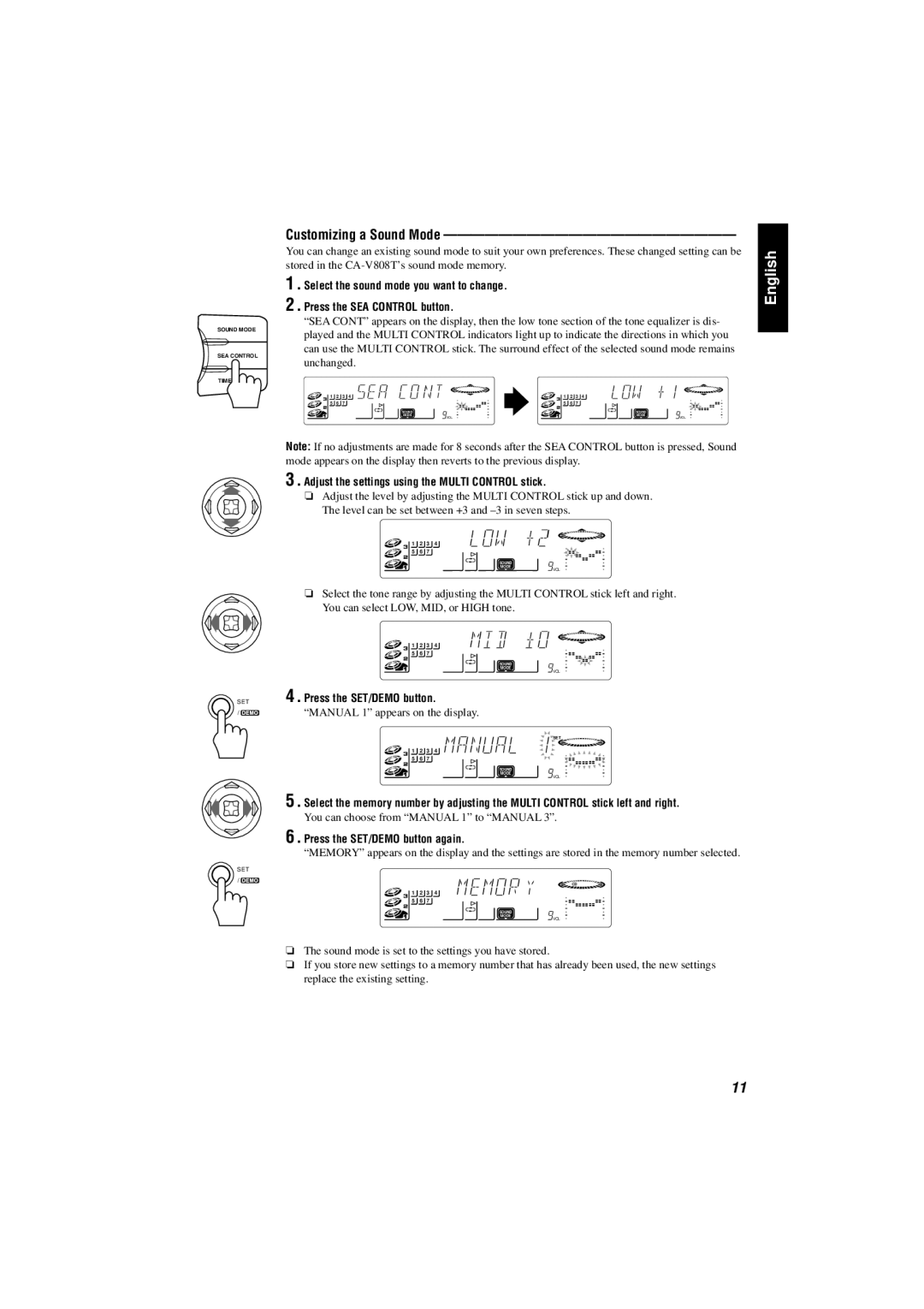 JVC CA-V808T manual Customizing a Sound Mode, Adjust the settings using the Multi Control stick 