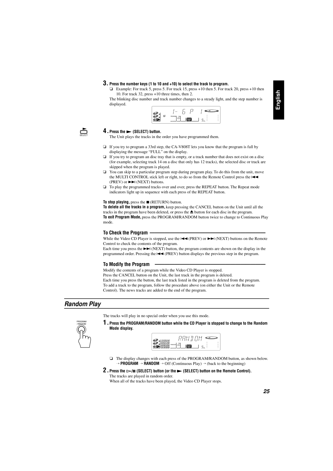 JVC CA-V808T manual Random Play, To Modify the Program, To Check the Program, Press the £ Select button, Mode display 