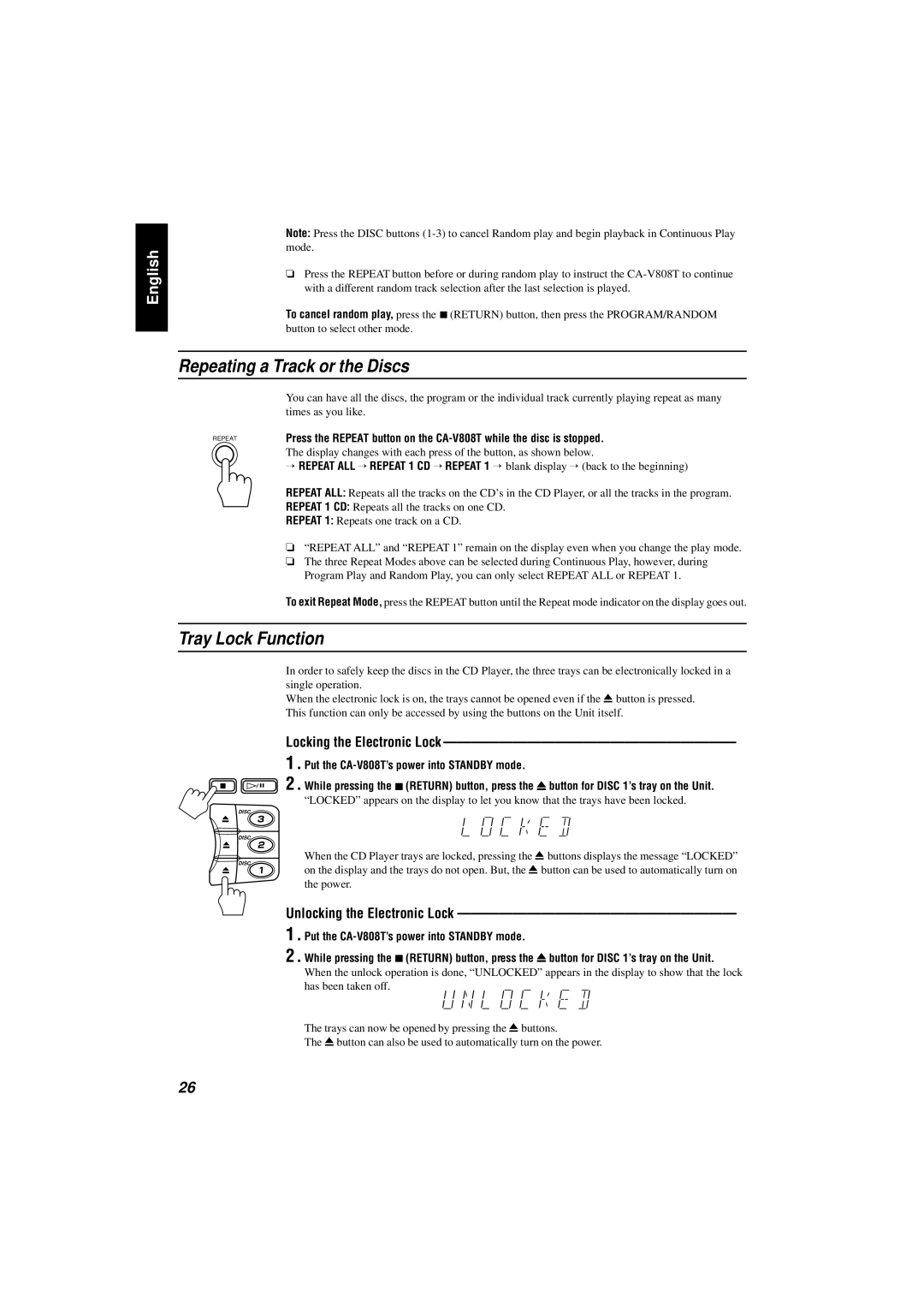 JVC CA-V808T manual Repeating a Track or the Discs, Tray Lock Function, Locking the Electronic Lock 