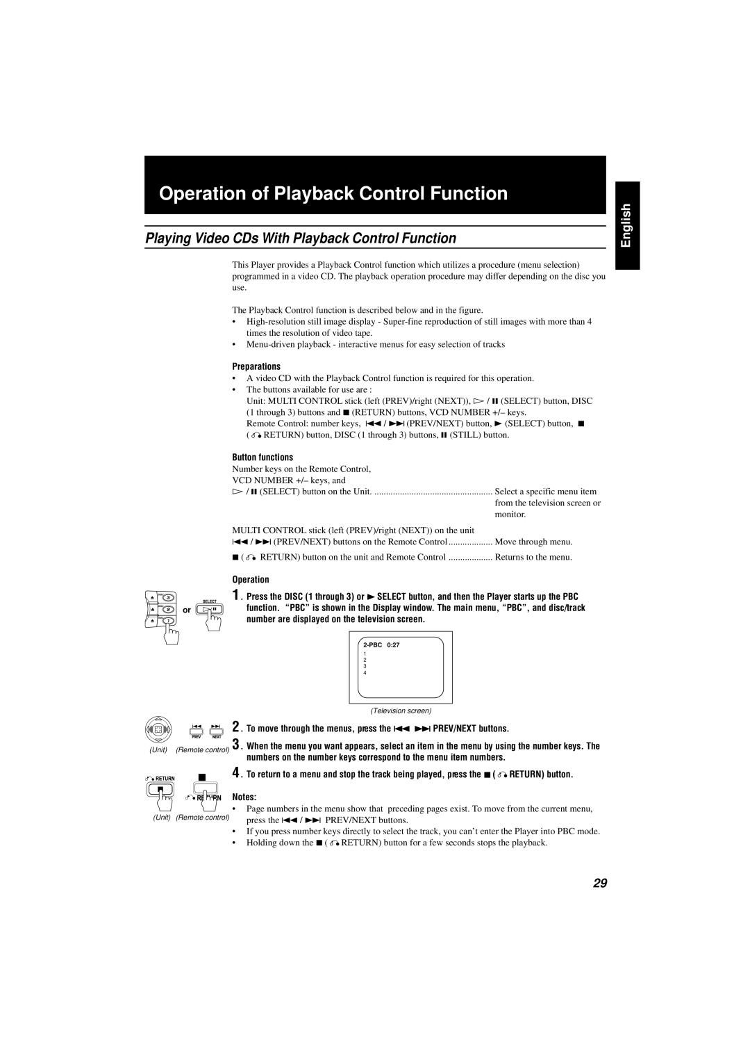 JVC CA-V808T manual Operation of Playback Control Function, Playing Video CDs With Playback Control Function, Preparations 