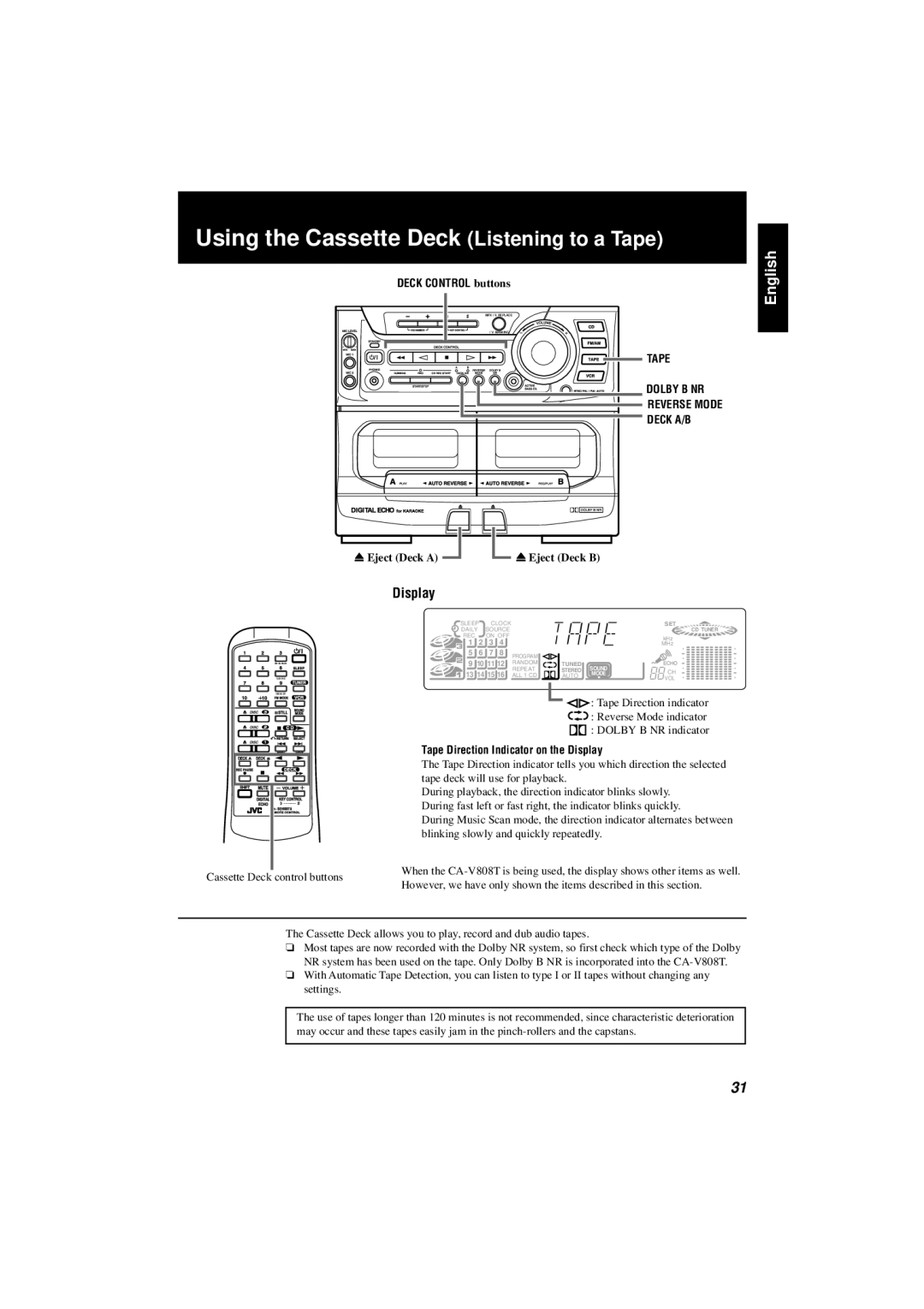 JVC CA-V808T Using the Cassette Deck Listening to a Tape, Deck Control buttons, Tape Direction Indicator on the Display 