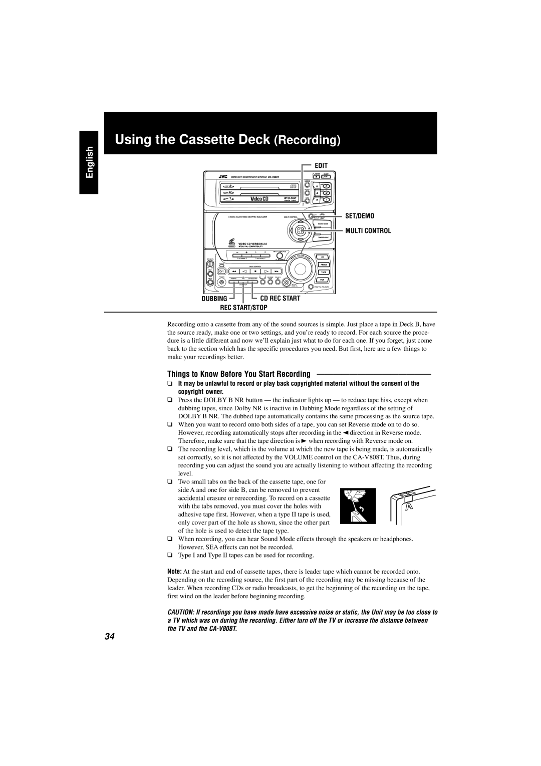 JVC CA-V808T manual Using the Cassette Deck Recording, Things to Know Before You Start Recording 