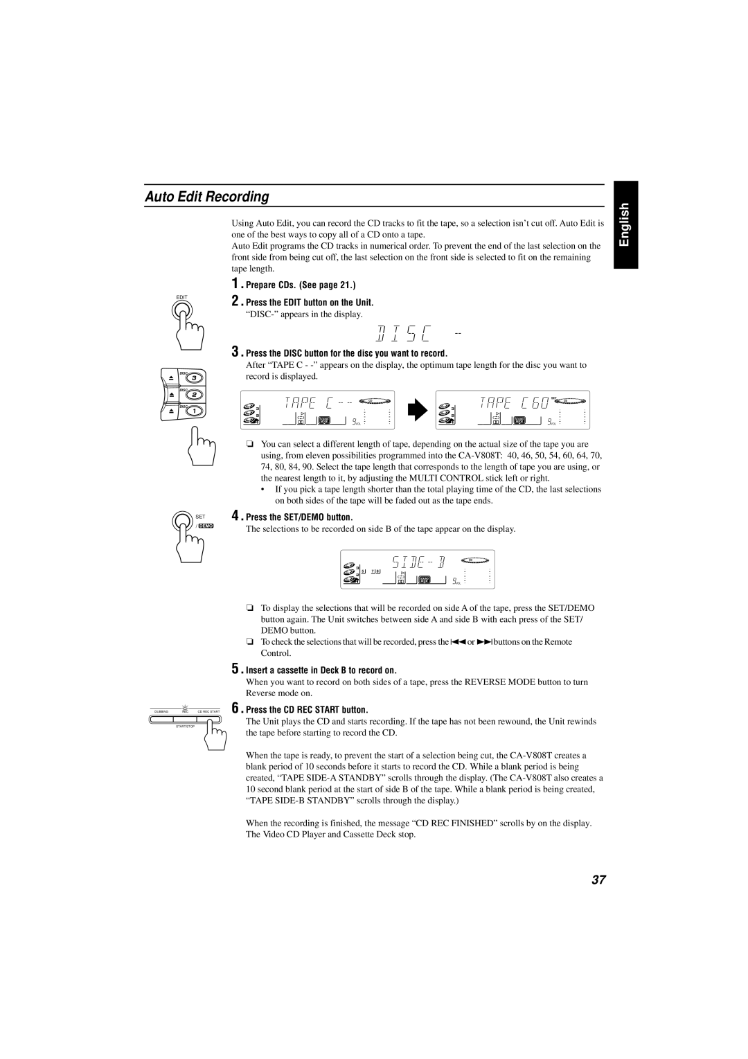 JVC CA-V808T Auto Edit Recording, Press the Disc button for the disc you want to record, Press the CD REC Start button 