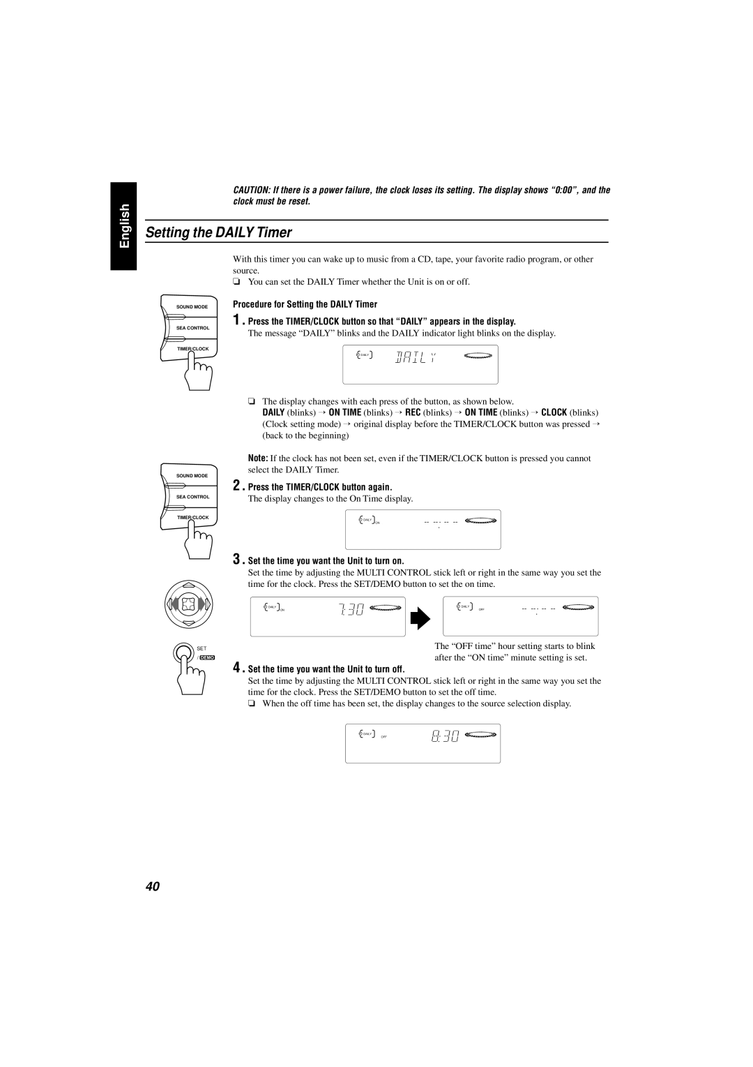 JVC CA-V808T manual Procedure for Setting the Daily Timer, Press the TIMER/CLOCK button again 