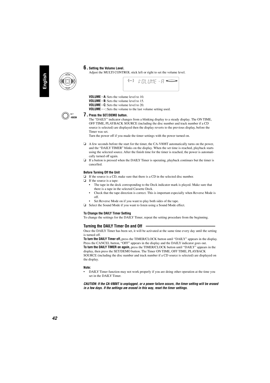 JVC CA-V808T manual Turning the Daily Timer On and Off, Setting the Volume Level, Before Turning Off the Unit 