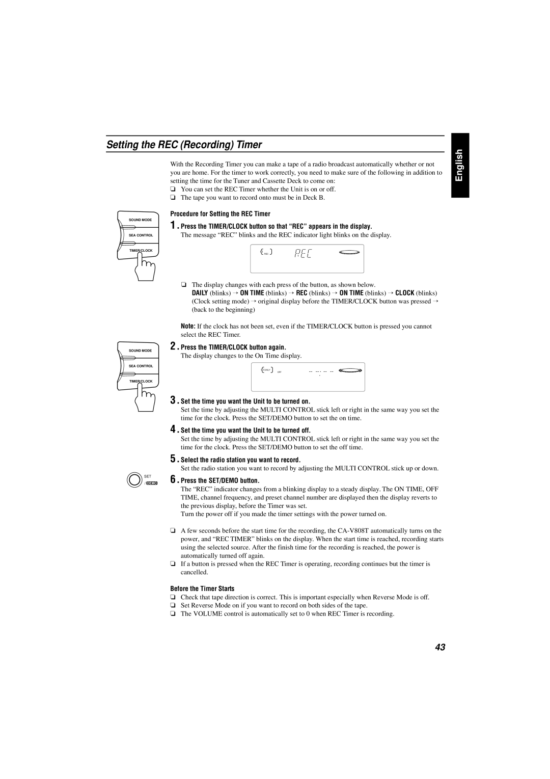 JVC CA-V808T manual Setting the REC Recording Timer 