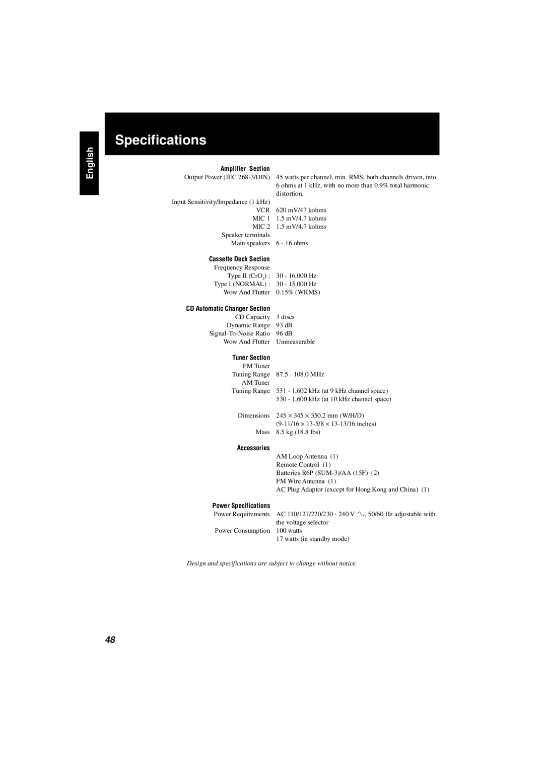 JVC CA-V808T manual Specifications 