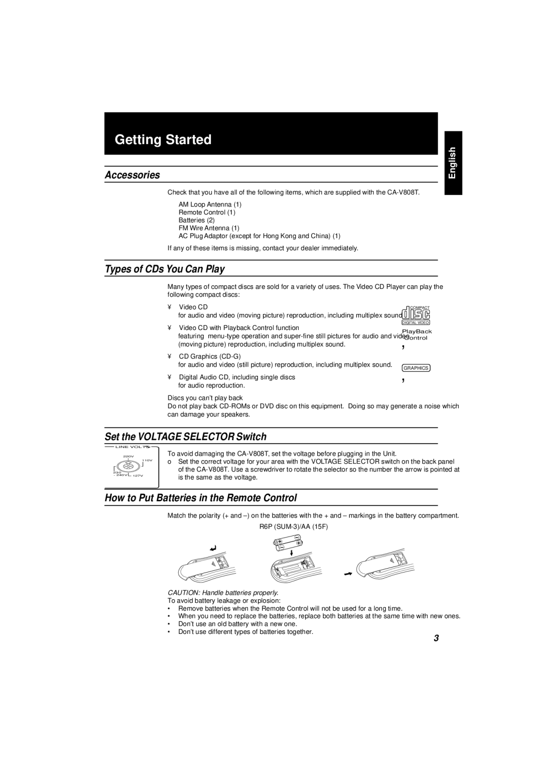 JVC CA-V808T manual Getting Started, Accessories, Types of CDs You Can Play, Set the Voltage Selector Switch 