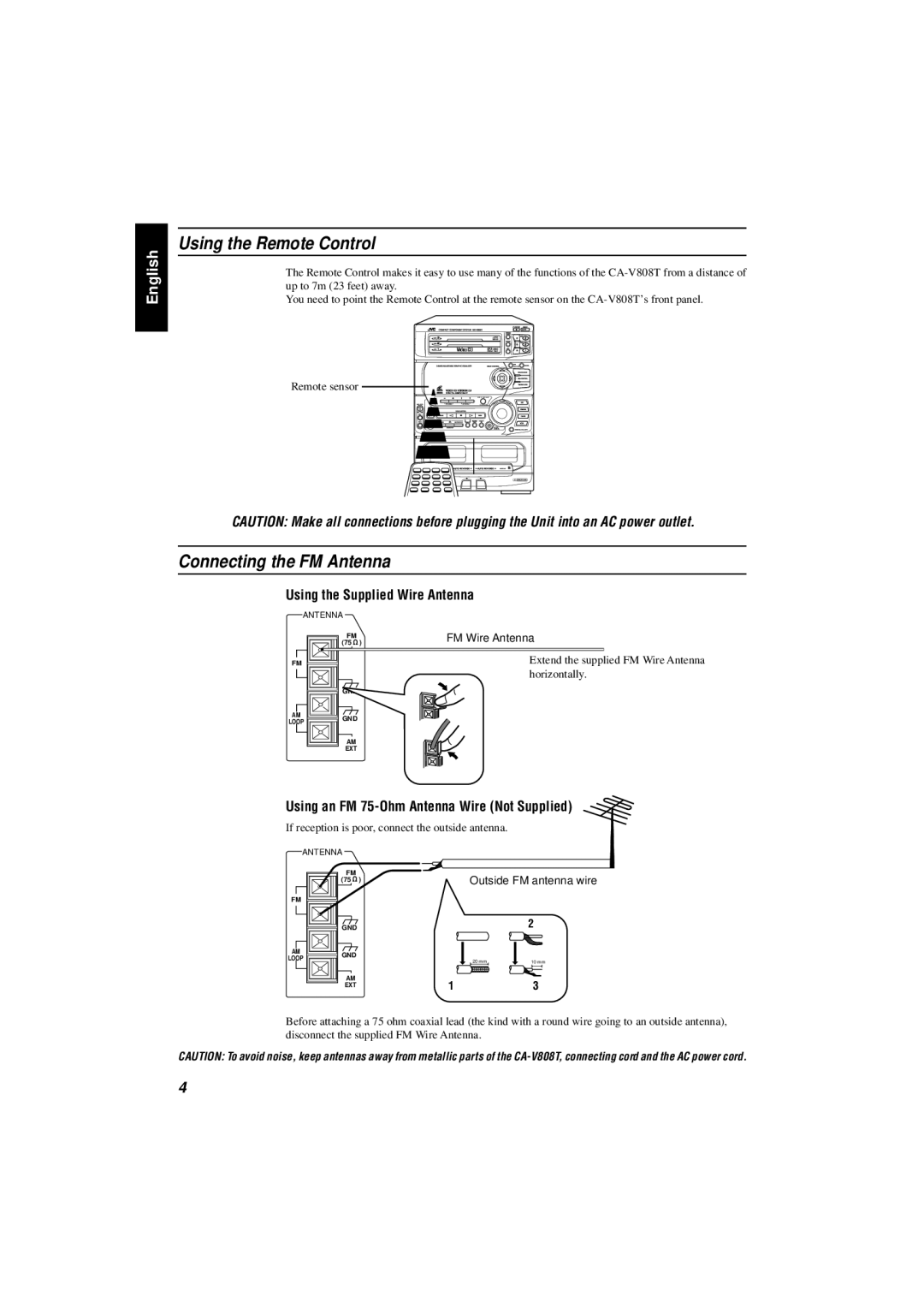 JVC CA-V808T manual Using the Remote Control, Connecting the FM Antenna, Using the Supplied Wire Antenna 