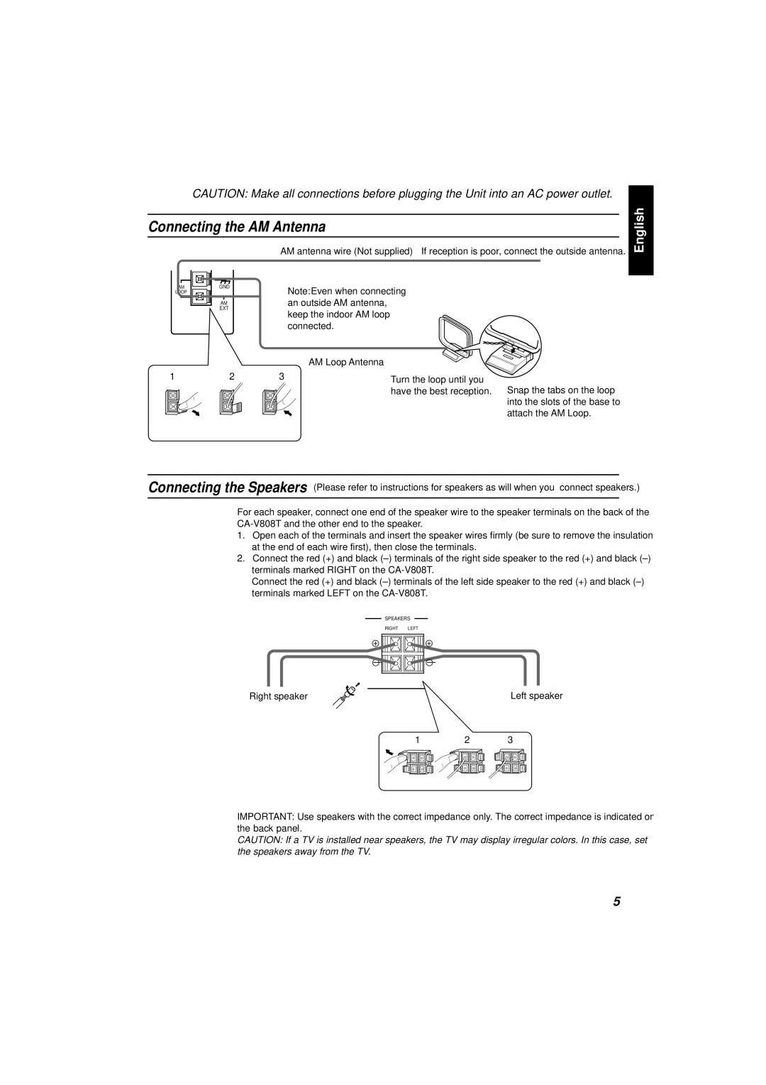 JVC CA-V808T manual Connecting the AM Antenna, Right speaker 