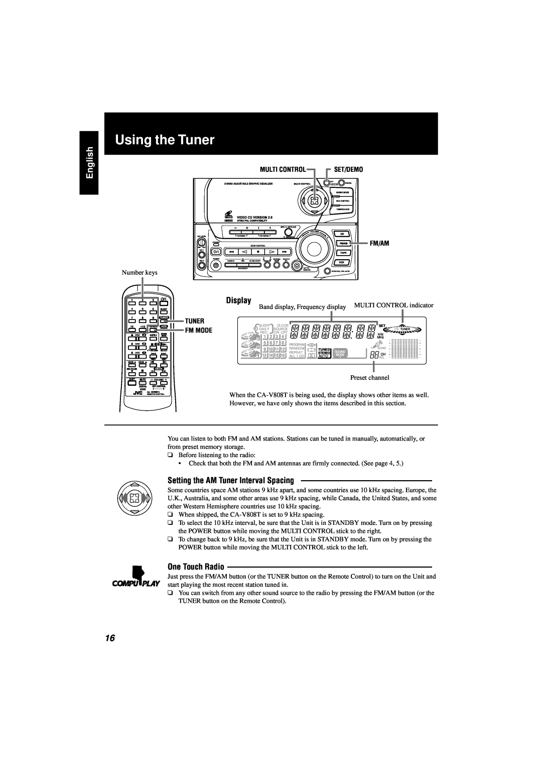 JVC CA-V808T manual Using the Tuner, One Touch Radio, English, Display, Multi Control, Set/Demo, Fm/Am, Fm Mode 