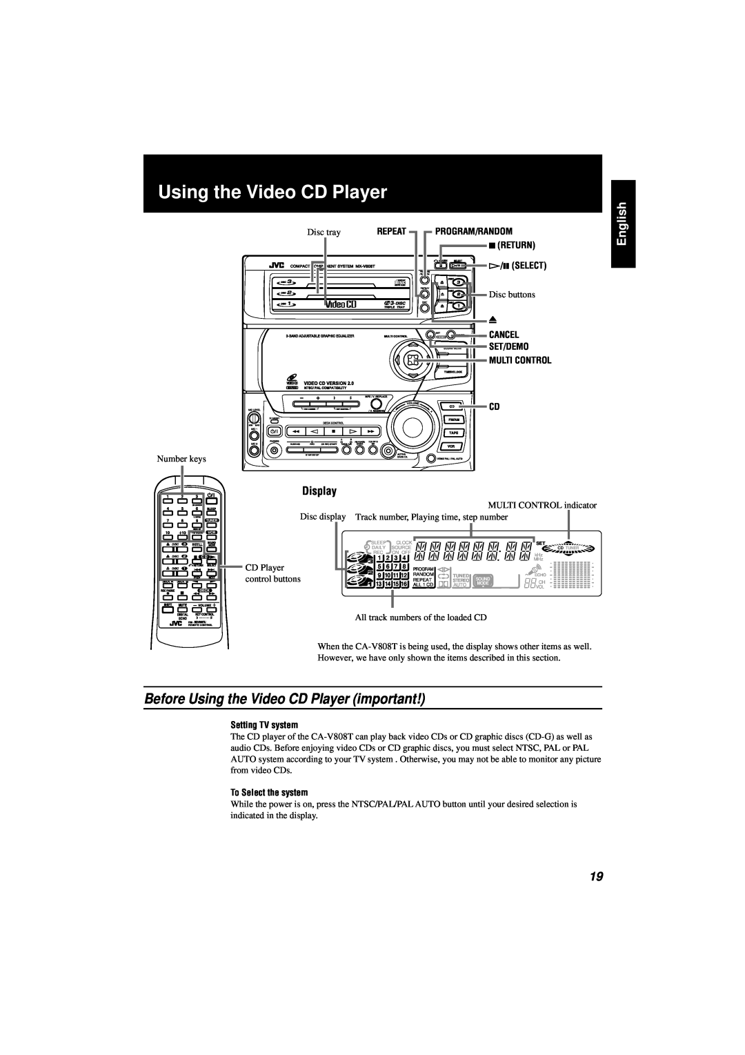 JVC CA-V808T manual Before Using the Video CD Player important, English, Display, PROGRAM/RANDOM 7RETURN Ü/8 SELECT 