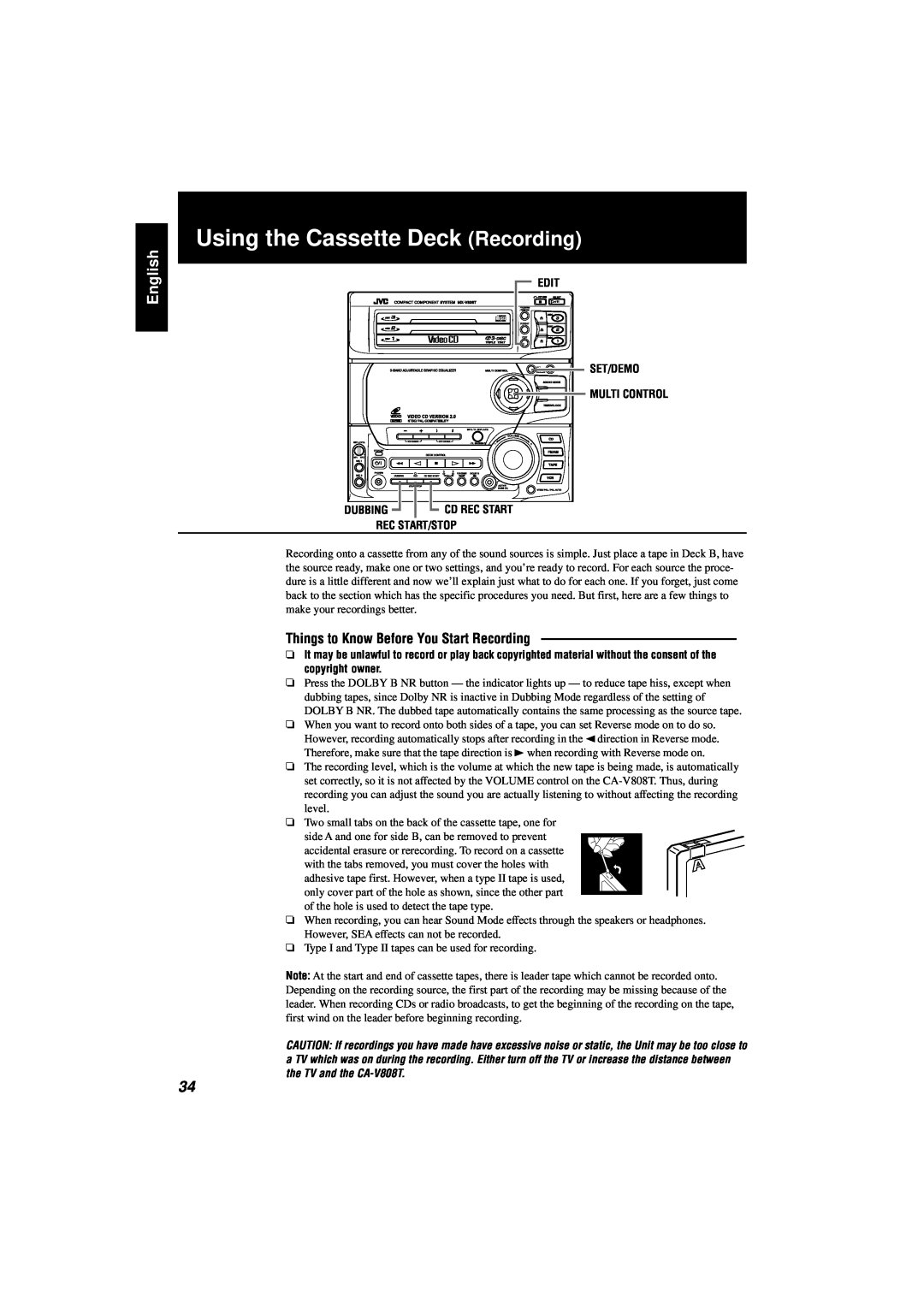 JVC CA-V808T manual Using the Cassette Deck Recording, English, Edit Set/Demo Multi Control, Rec Start/Stop 