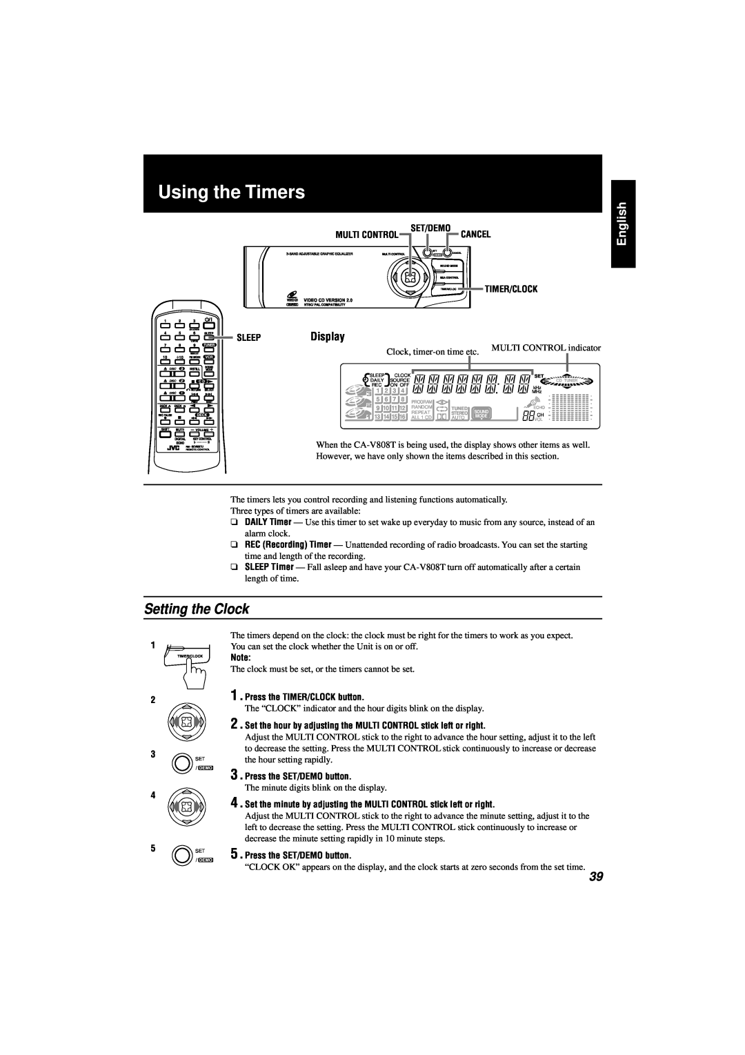 JVC CA-V808T manual Using the Timers, Setting the Clock, English, Display, Set/Demo, Timer/Clock, Sleep 