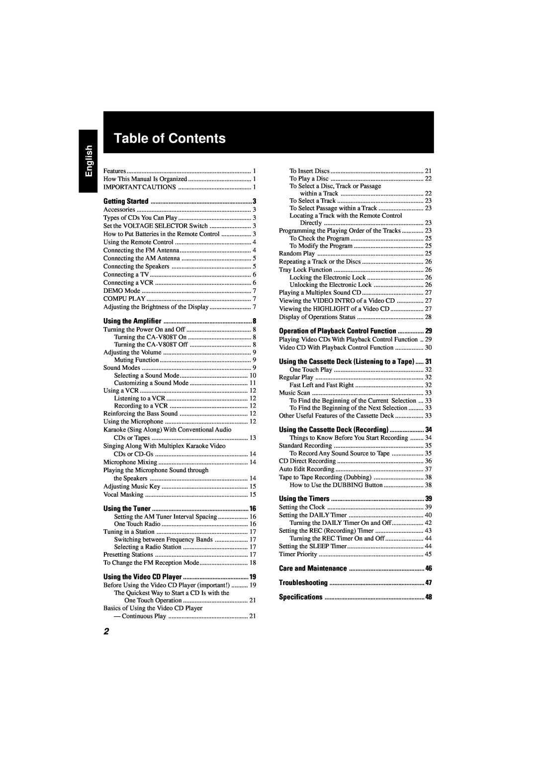 JVC CA-V808T manual Table of Contents, English 