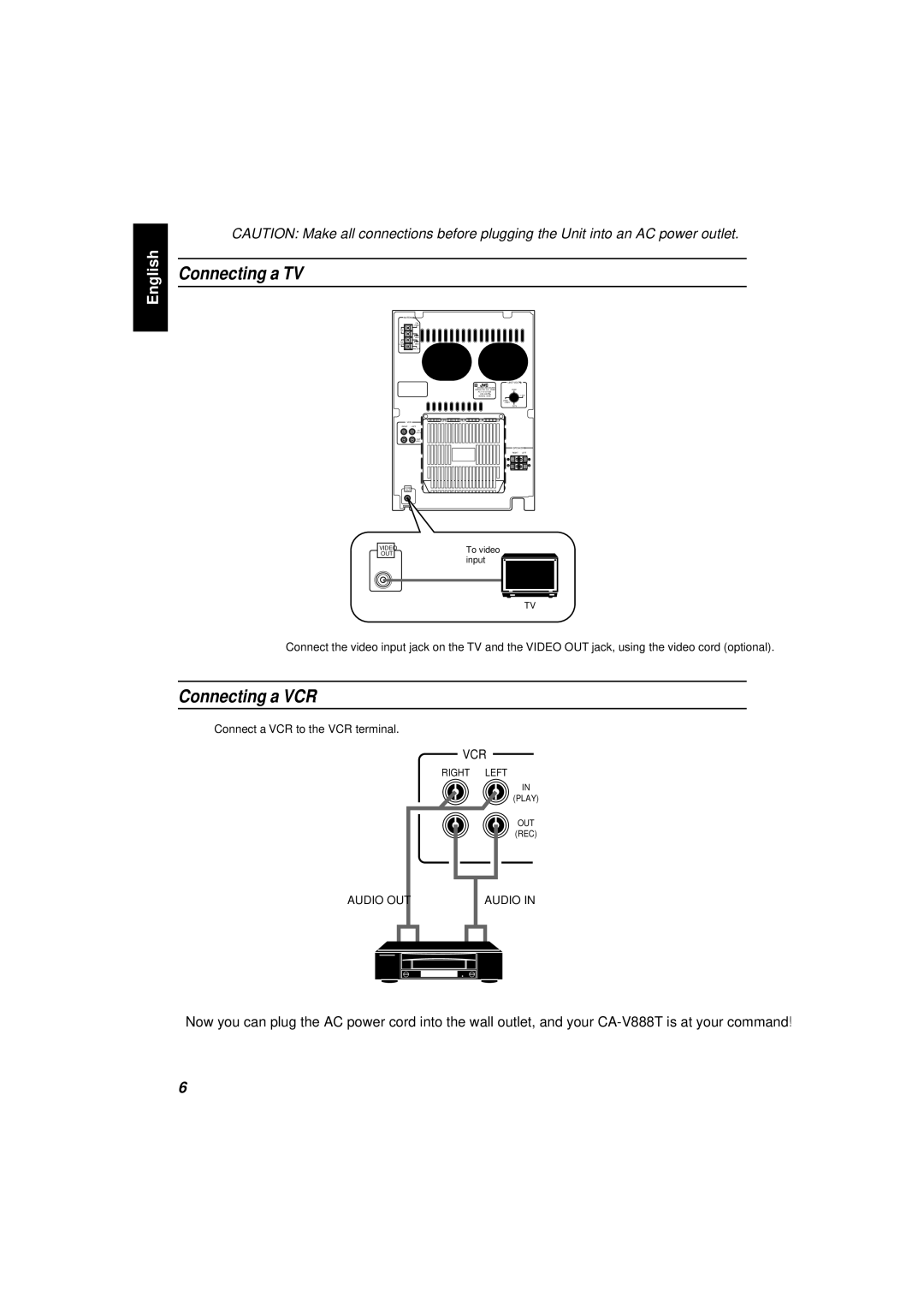 JVC CA-V888T manual Connecting a TV, Connecting a VCR 