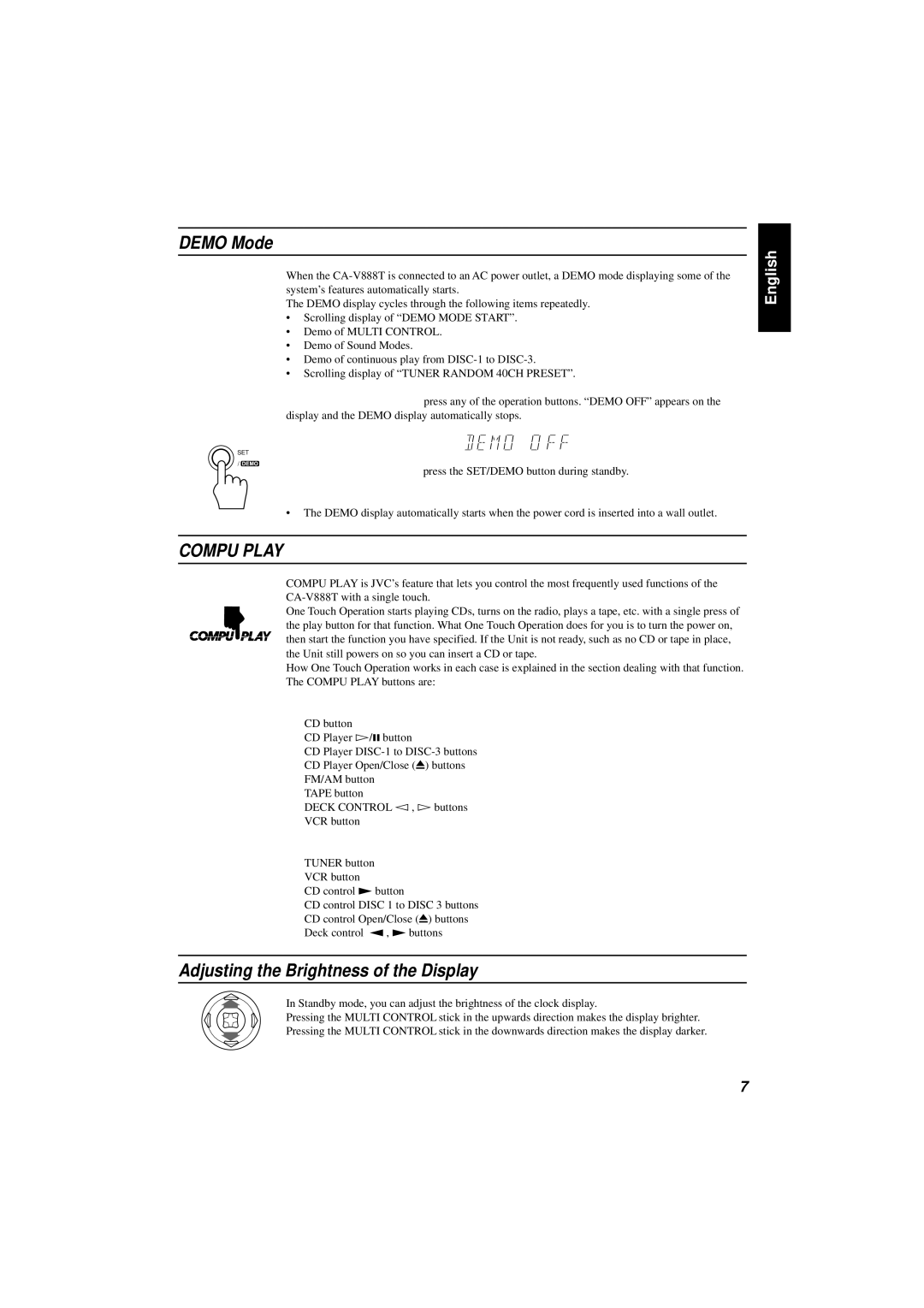 JVC CA-V888T manual Demo Mode, Adjusting the Brightness of the Display, On the Unit, On the Remote Control 