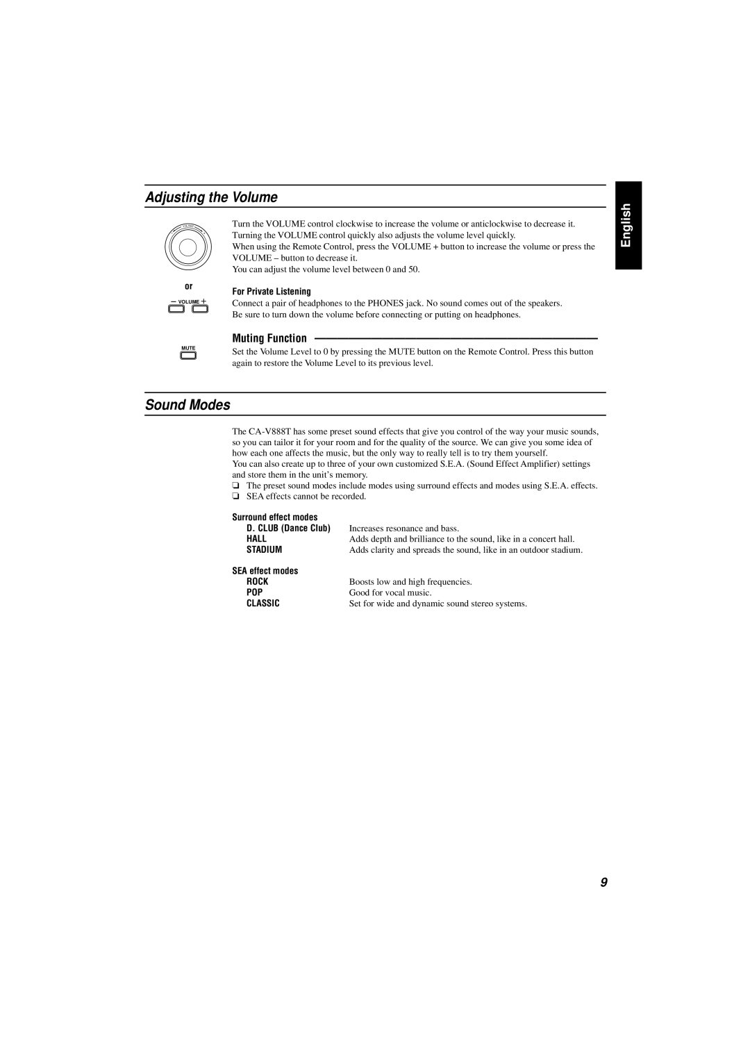 JVC CA-V888T manual Adjusting the Volume, Sound Modes, Muting Function 