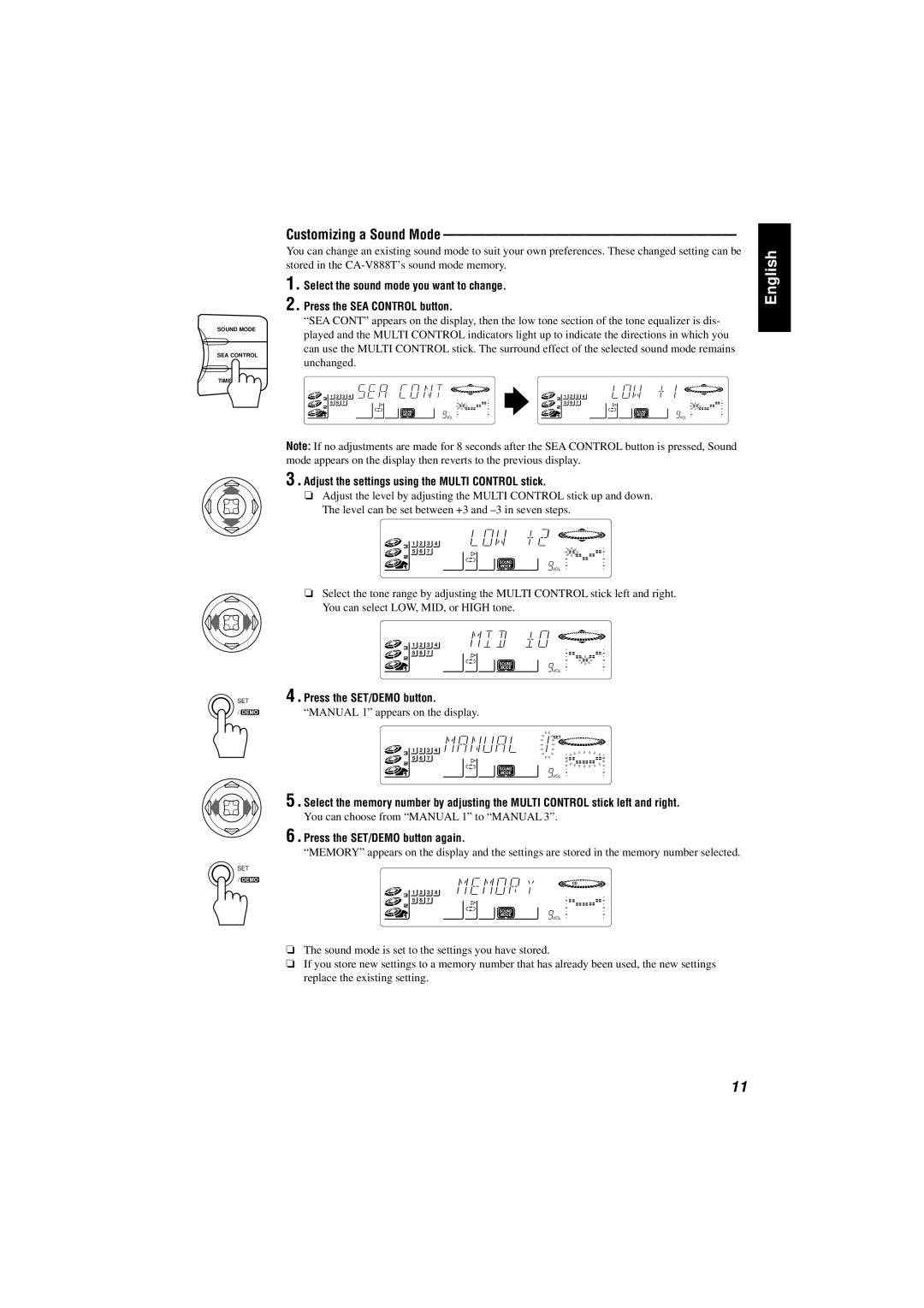 JVC CA-V888T manual Customizing a Sound Mode, Adjust the settings using the Multi Control stick 