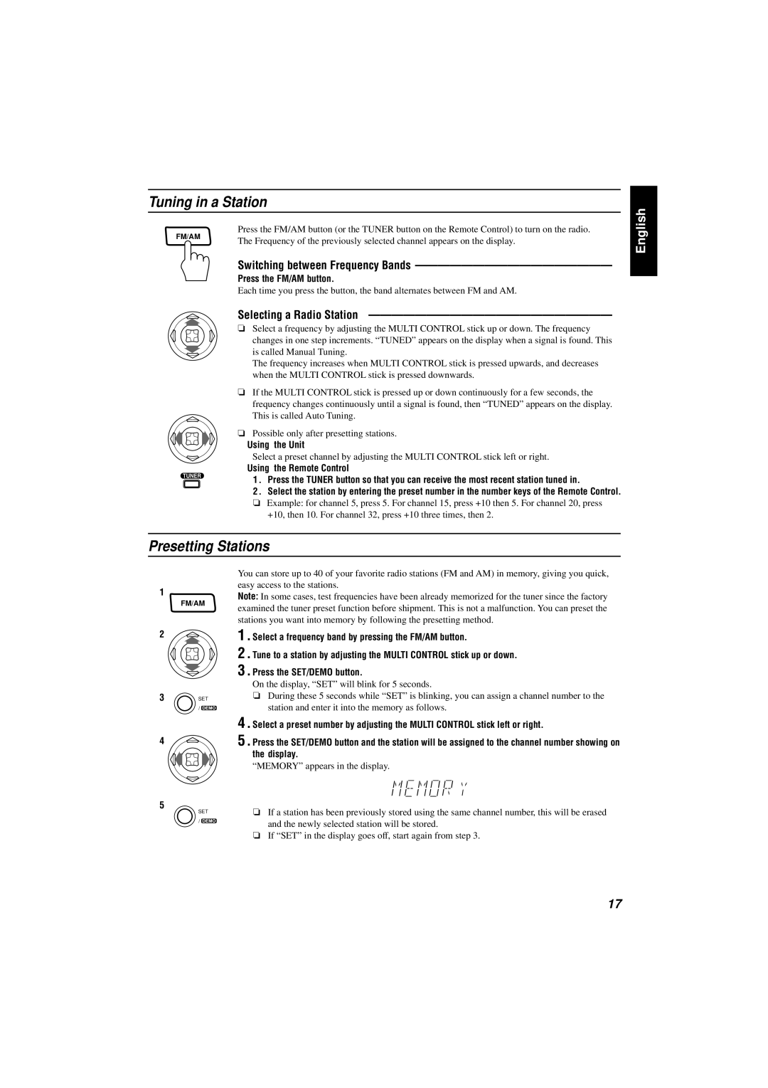 JVC CA-V888T manual Tuning in a Station, Presetting Stations, Selecting a Radio Station, Switching between Frequency Bands 