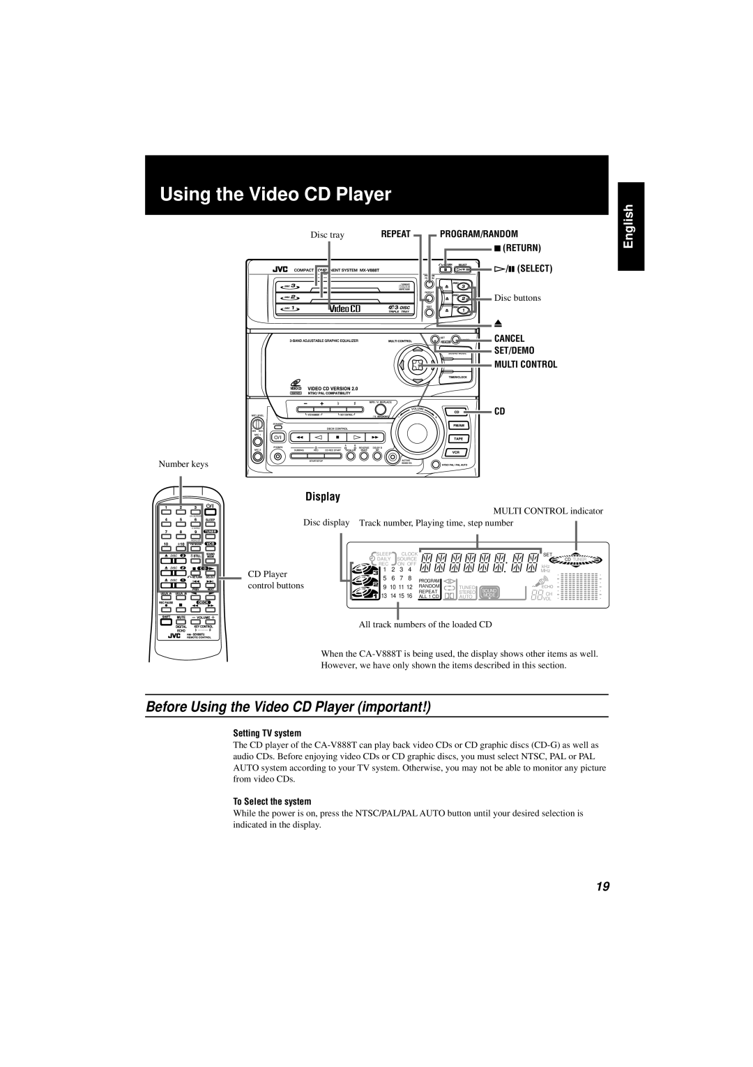 JVC CA-V888T manual Before Using the Video CD Player important, Setting TV system, To Select the system 