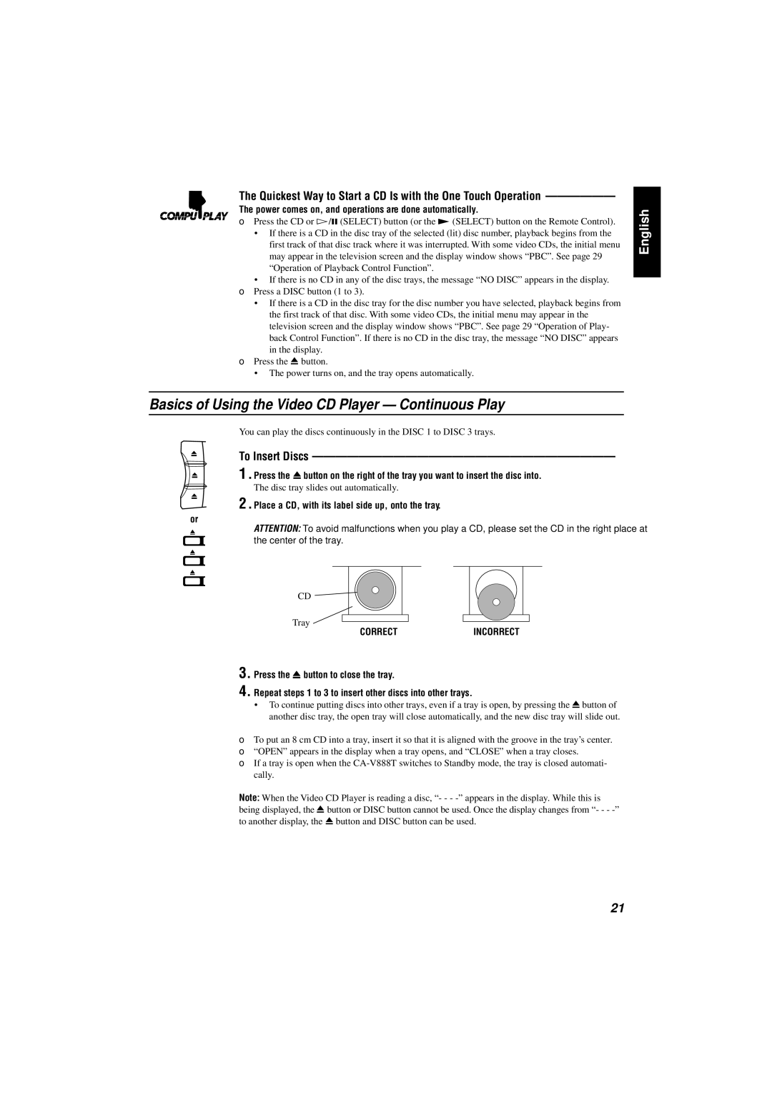 JVC CA-V888T manual Basics of Using the Video CD Player Continuous Play, To Insert Discs 