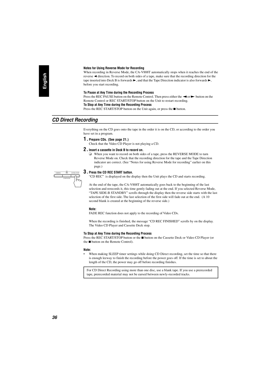 JVC CA-V888T manual CD Direct Recording, To Pause at Any Time during the Recording Process, Prepare CDs. See 