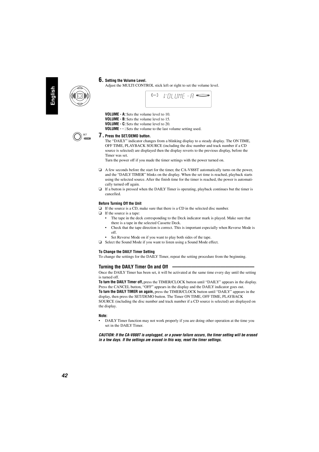 JVC CA-V888T manual Turning the Daily Timer On and Off, Setting the Volume Level, Before Turning Off the Unit 