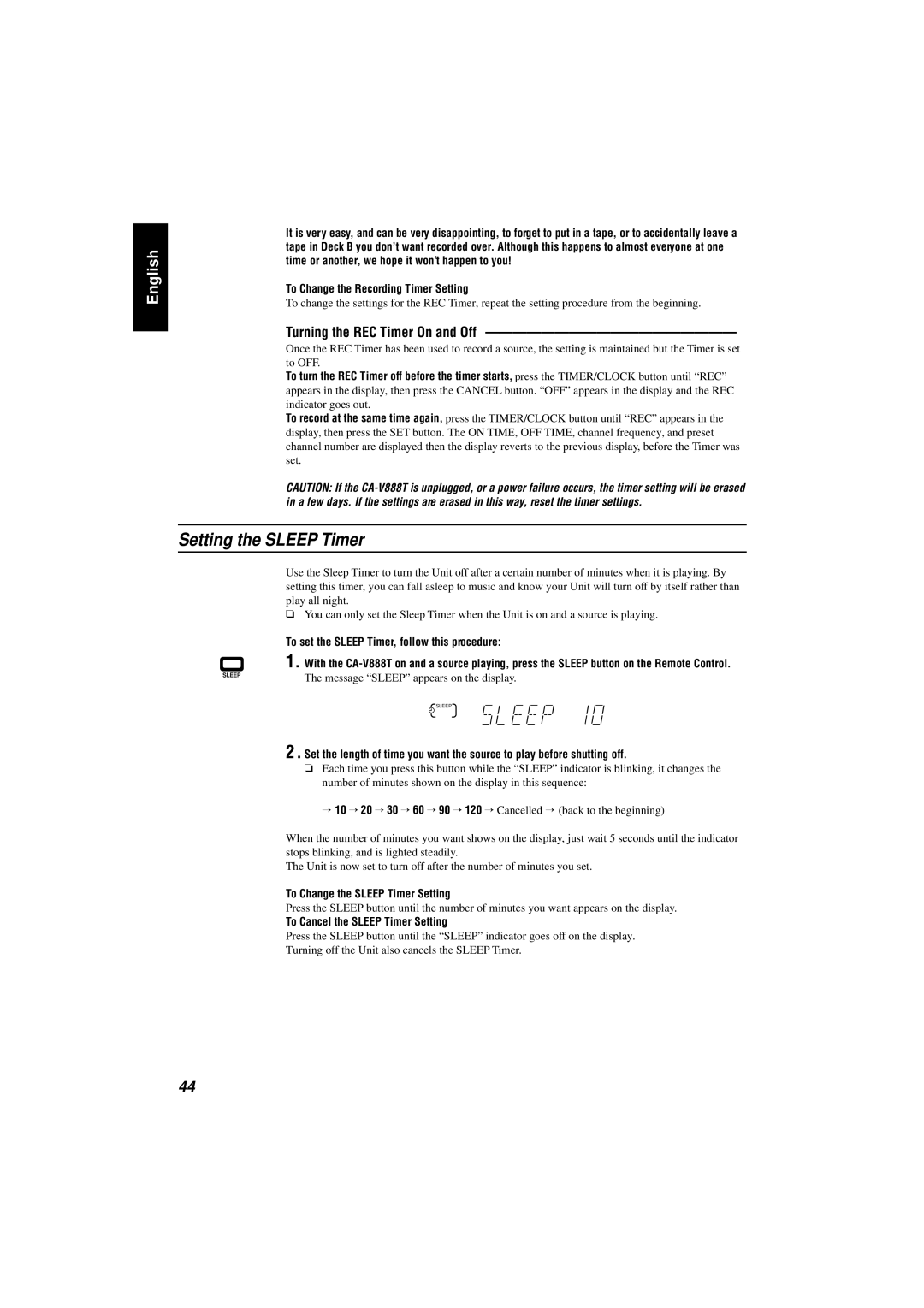 JVC CA-V888T Setting the Sleep Timer, Turning the REC Timer On and Off, To set the Sleep Timer, follow this procedure 