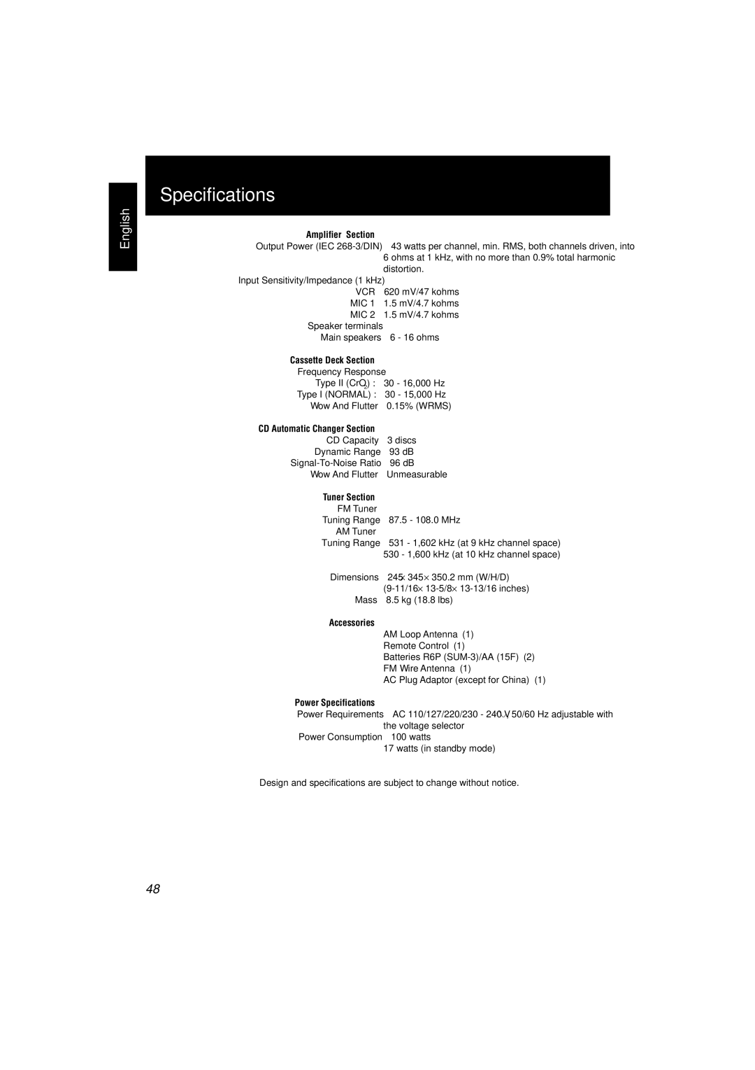 JVC CA-V888T manual Specifications 