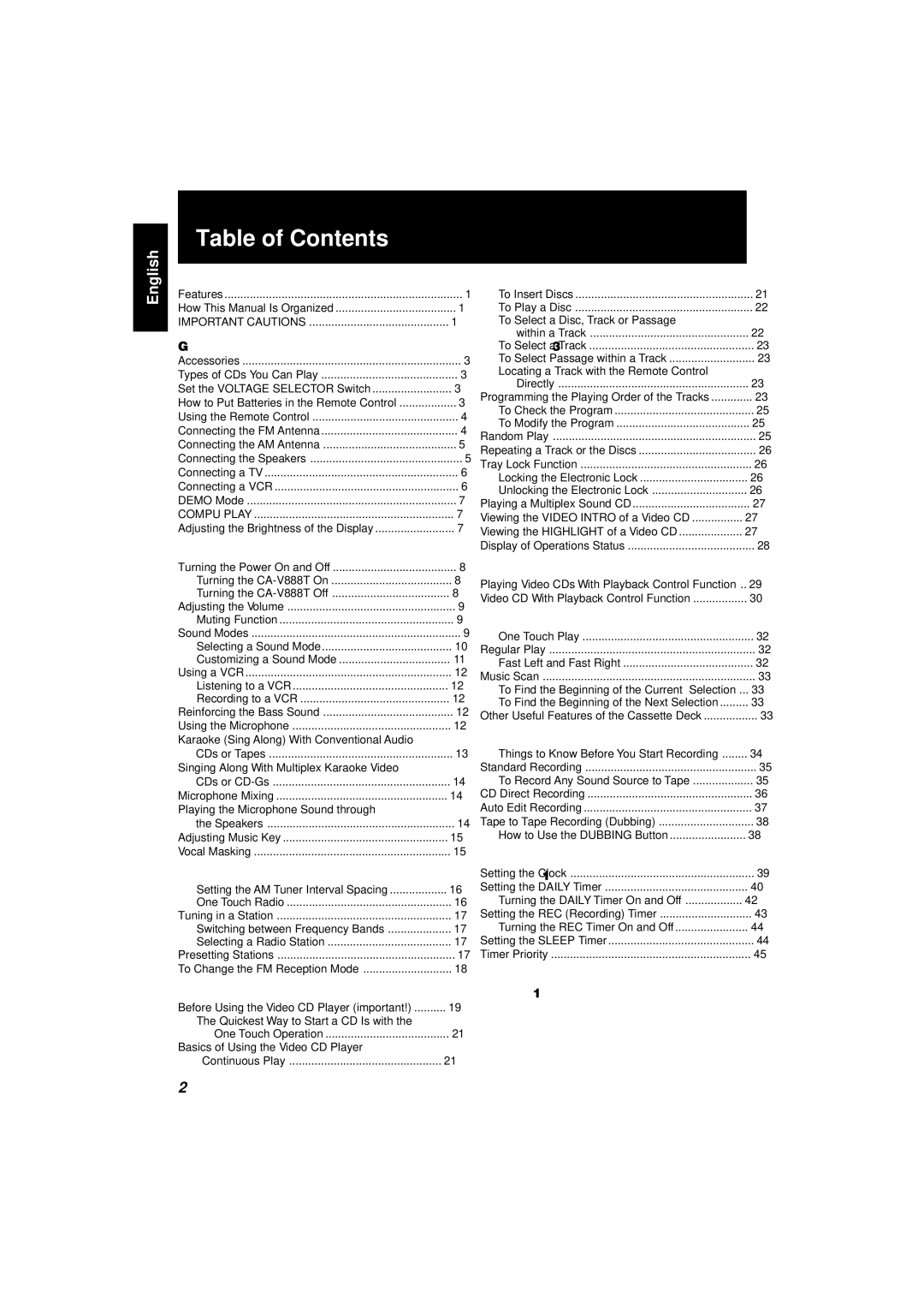 JVC CA-V888T manual Table of Contents 