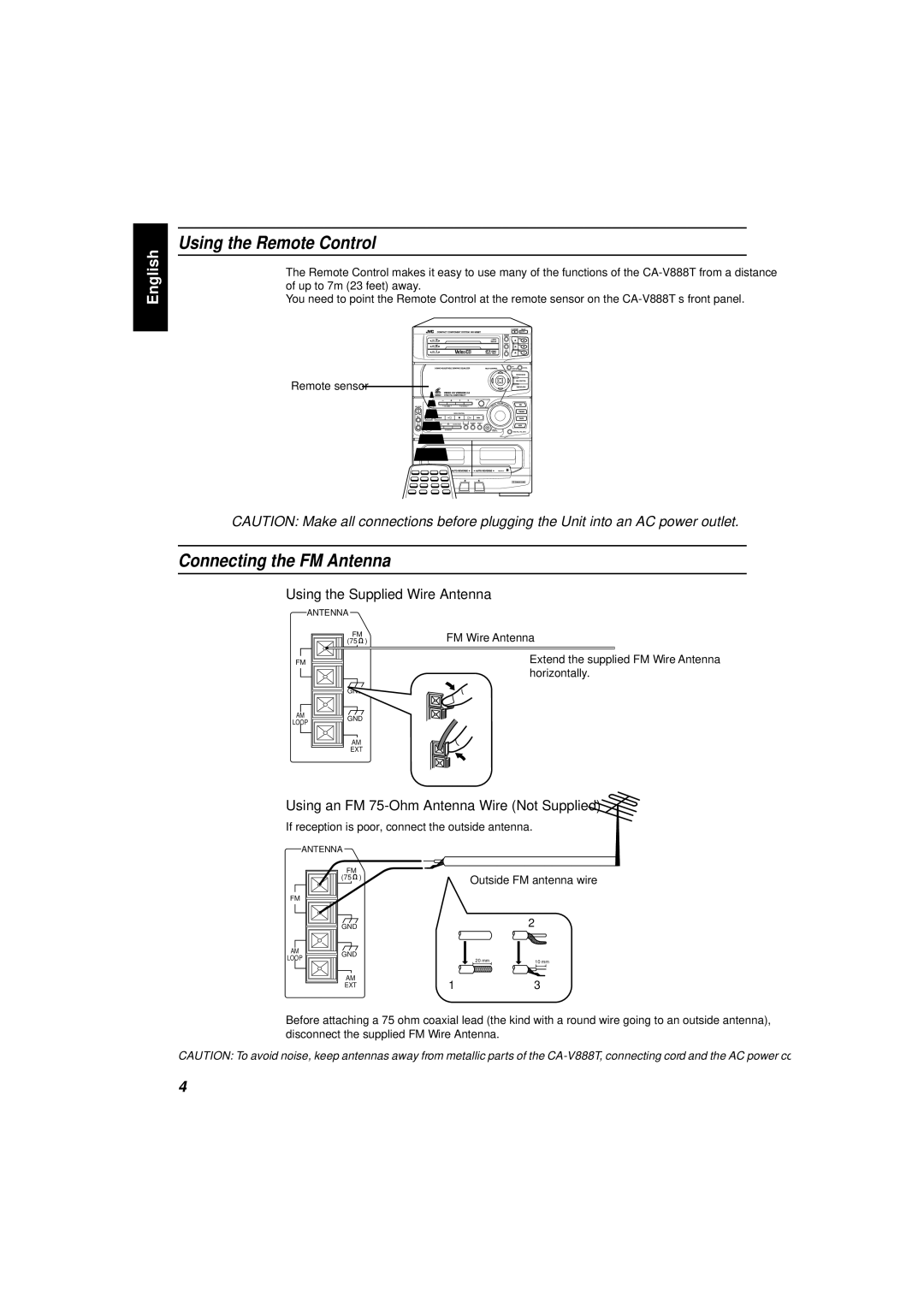 JVC CA-V888T manual Using the Remote Control, Connecting the FM Antenna, Using the Supplied Wire Antenna 