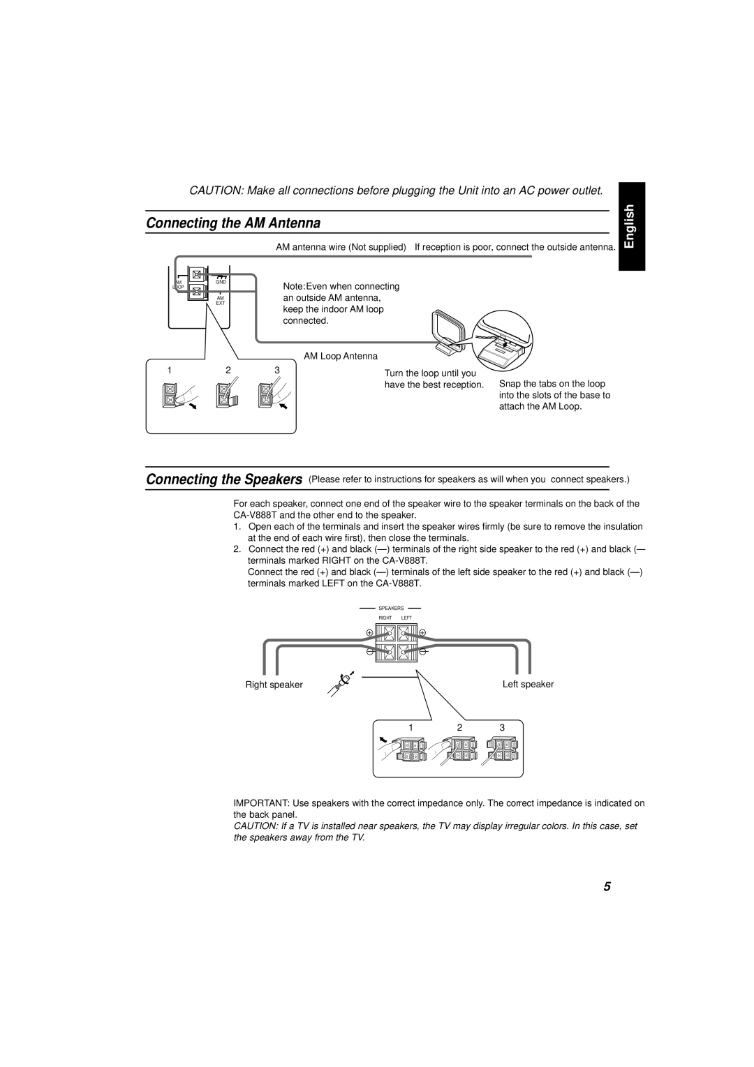 JVC CA-V888T manual Connecting the AM Antenna, Right speaker 