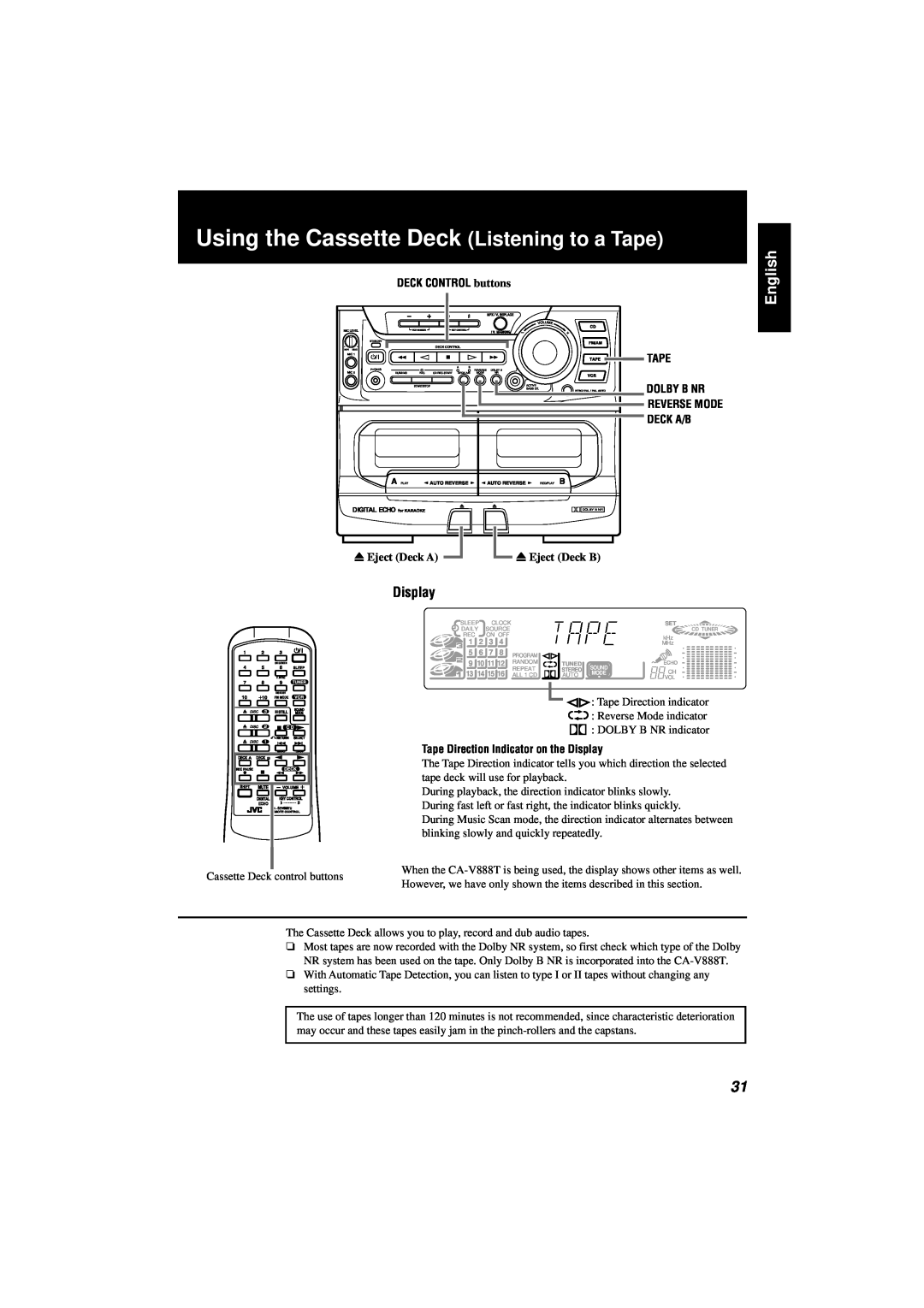 JVC CA-V888T manual Using the Cassette Deck Listening to a Tape, English, Display, Deck A/B 