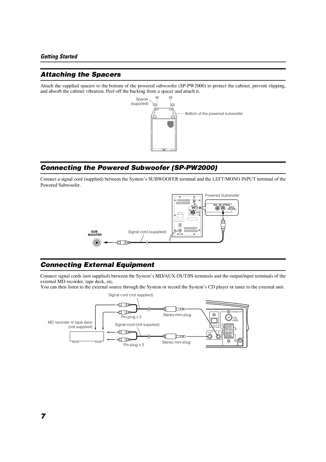 JVC CA-VSDT2000 manual Attaching the Spacers, Connecting the Powered Subwoofer SP-PW2000, Connecting External Equipment 