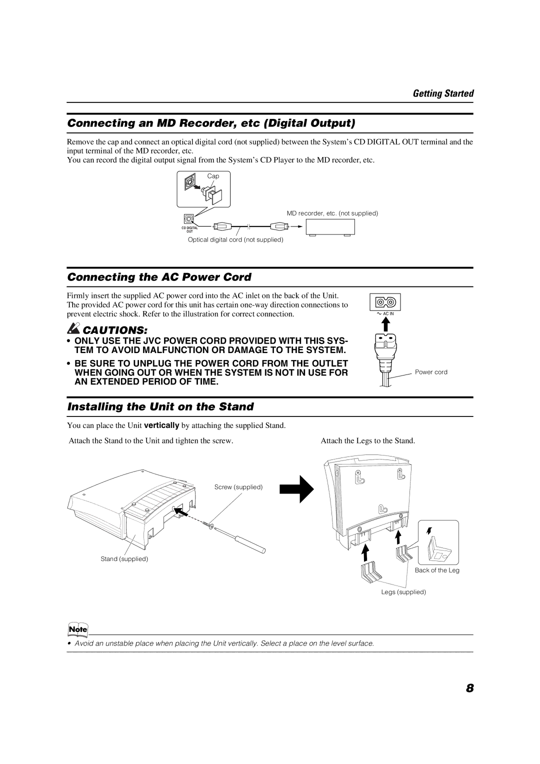 JVC SP-VSDT2000, CA-VSDT2000, SP-PW2000 manual Connecting an MD Recorder, etc Digital Output, Connecting the AC Power Cord 