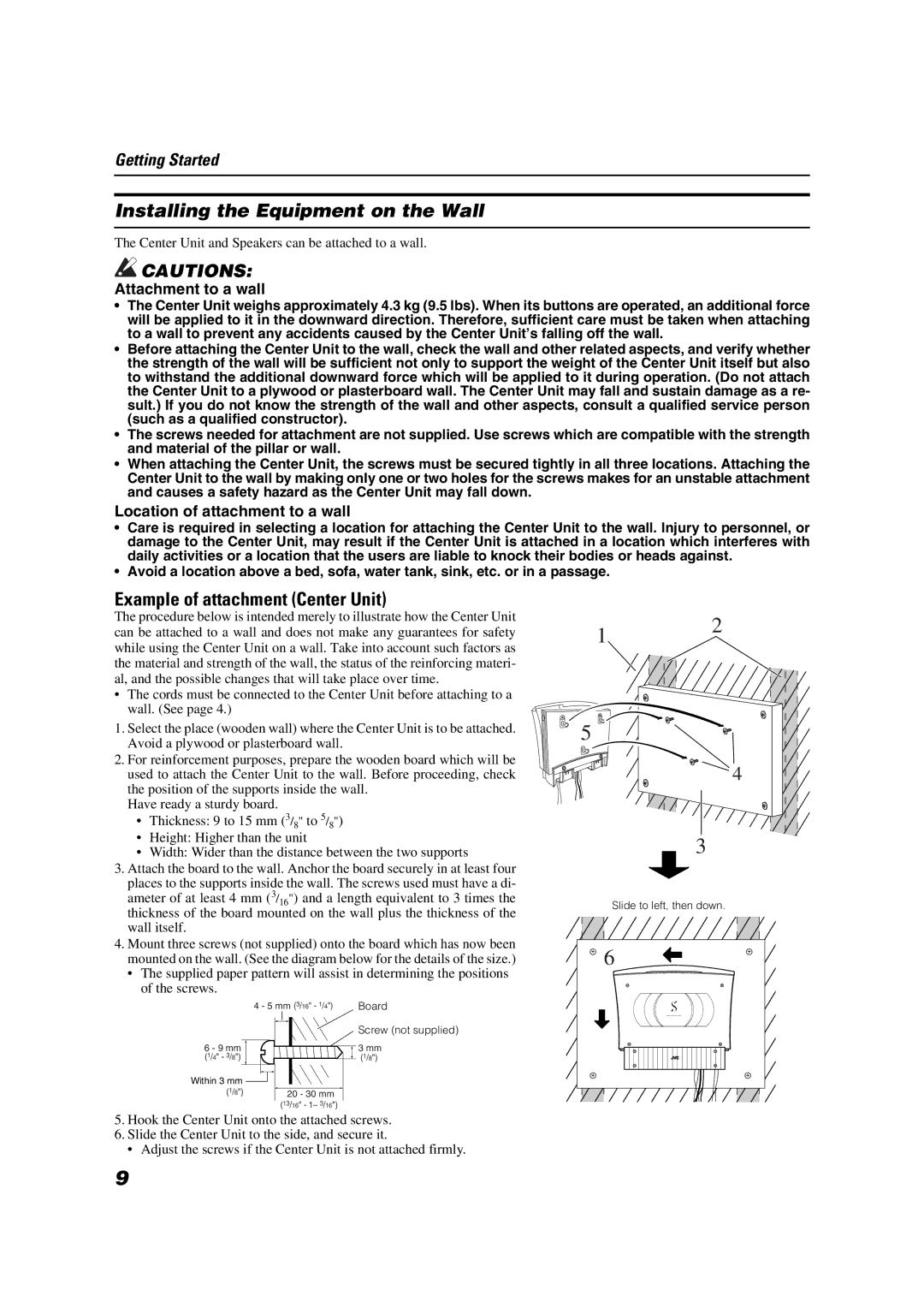 JVC CA-VSDT2000, SP-PW2000, SP-VSDT2000 manual Installing the Equipment on the Wall, Example of attachment Center Unit 