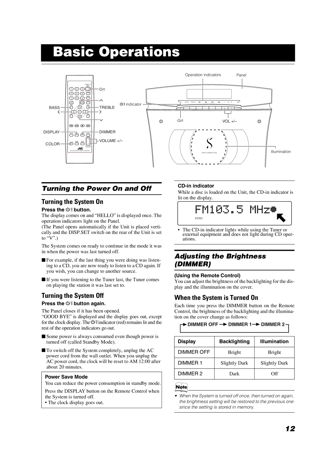 JVC CA-VSDT2000, SP-PW2000, SP-VSDT2000 Basic Operations, Turning the Power On and Off, Adjusting the Brightness Dimmer 