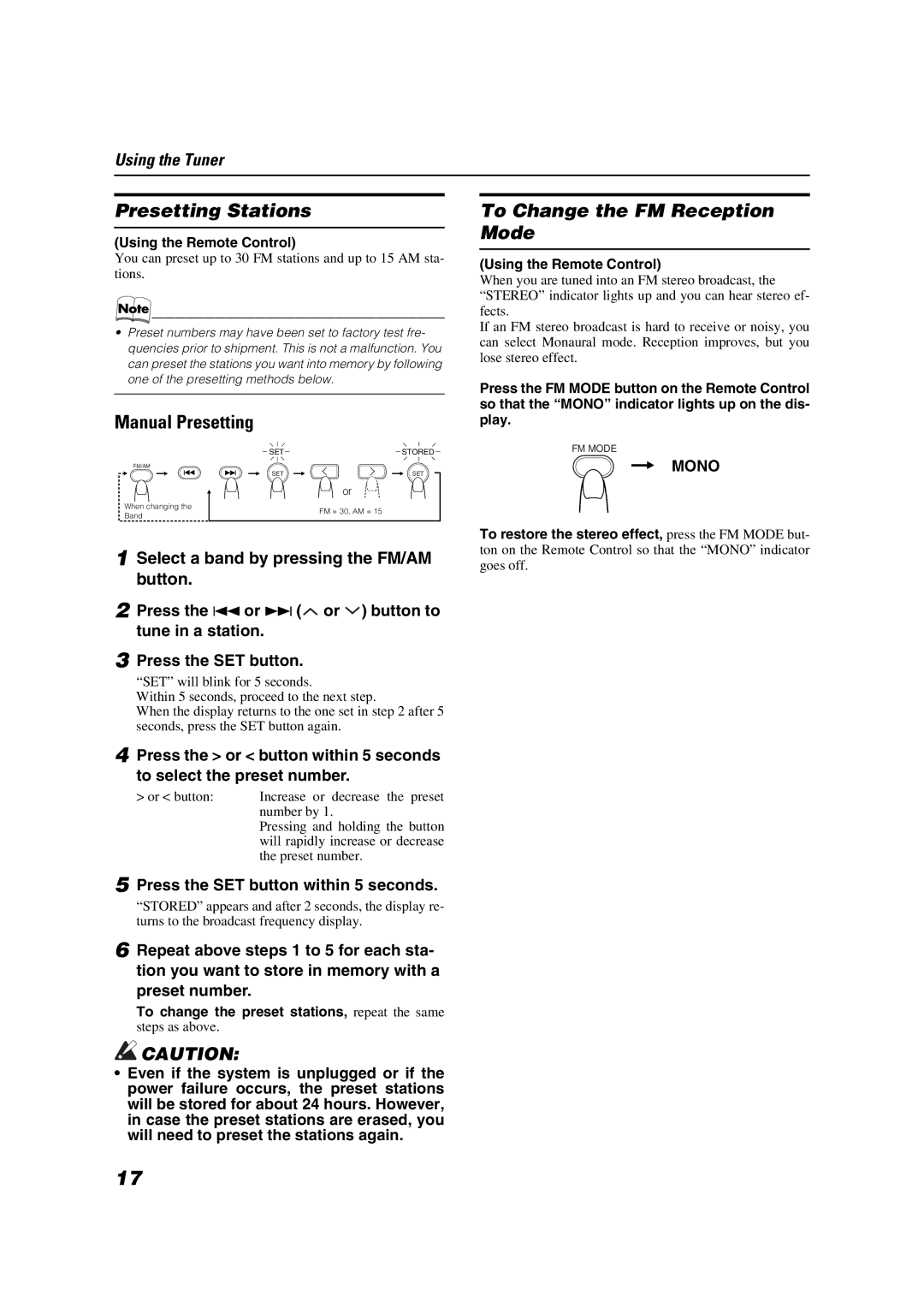 JVC SP-VSDT2000, CA-VSDT2000, SP-PW2000 manual Presetting Stations, Manual Presetting, To Change the FM Reception Mode 