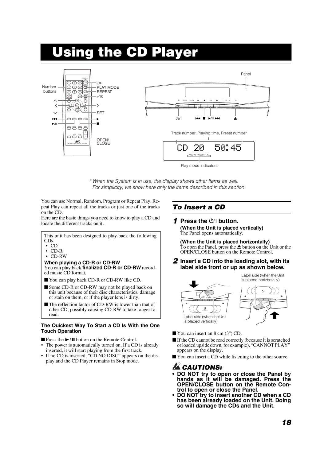 JVC CA-VSDT2000, SP-PW2000, SP-VSDT2000 manual Using the CD Player, To Insert a CD, Press the % button 